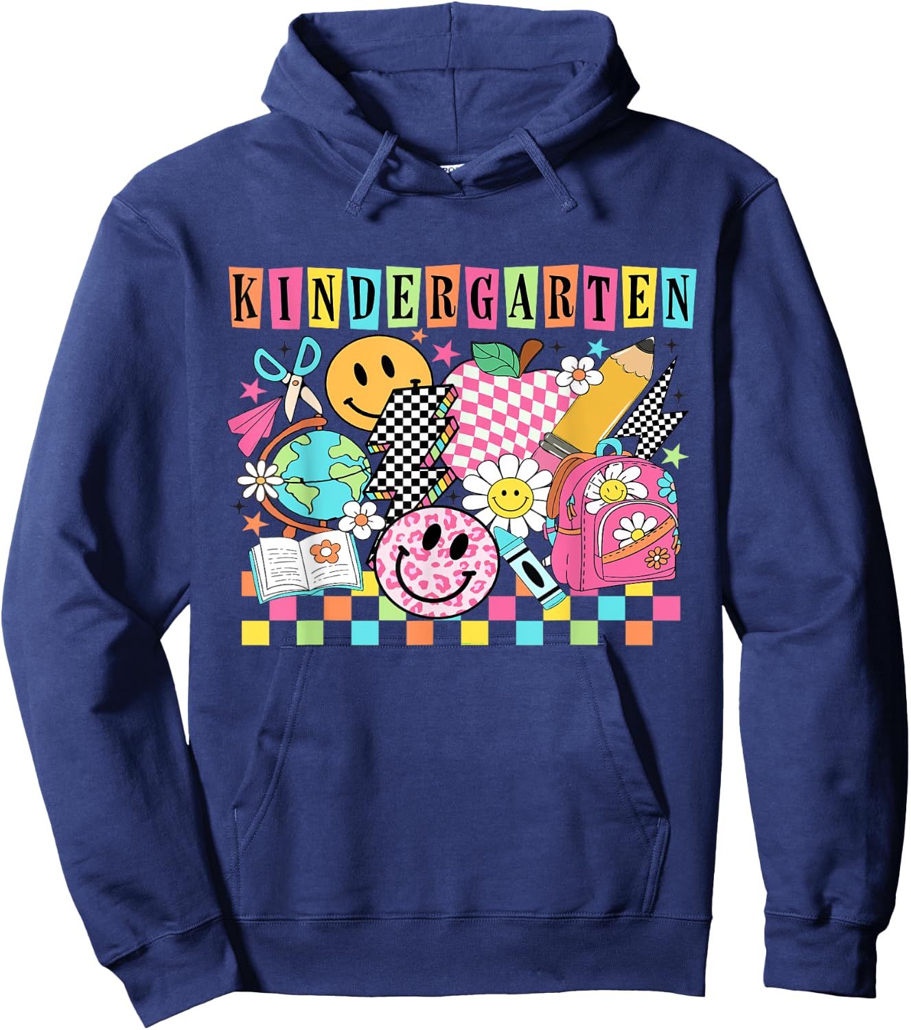 Kindergarten Girls 1990s 90s Back to School Rainbow Groovy Hoodie - Hoodie | Navy