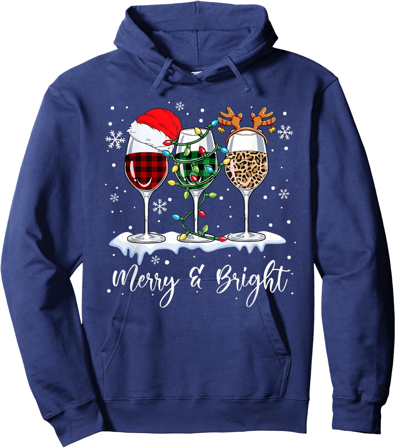 Three Wine Glasses Merry And Bright Christmas Wine Lover Hoodie - Hoodie | Navy