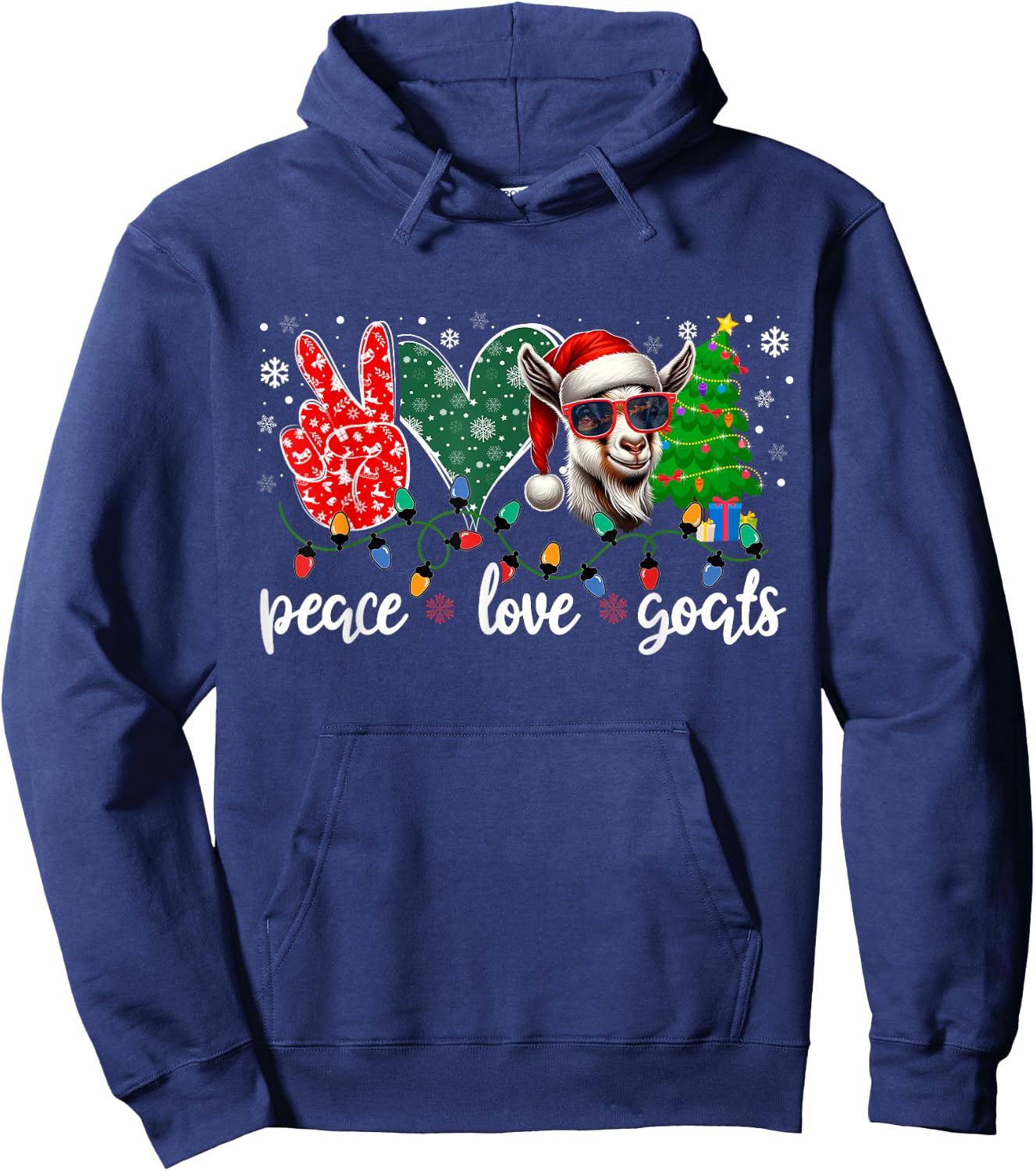 Peace Love Goats Funny Goat Santa Hat Sunglasses Xmas Tree Hoodie - Hoodie | Navy