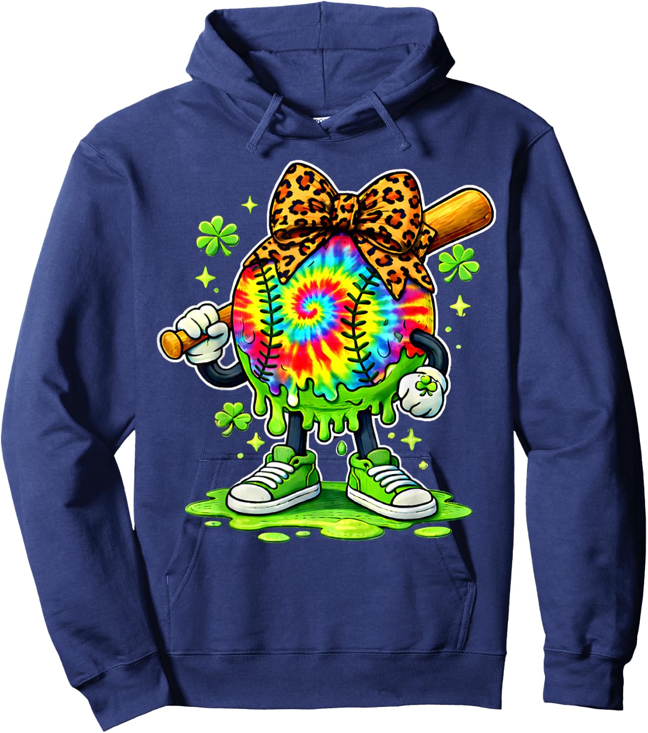 Lucky Tie Dye Softball with Leopard Bow St. Patrick’s Day Hoodie - Hoodie | Navy