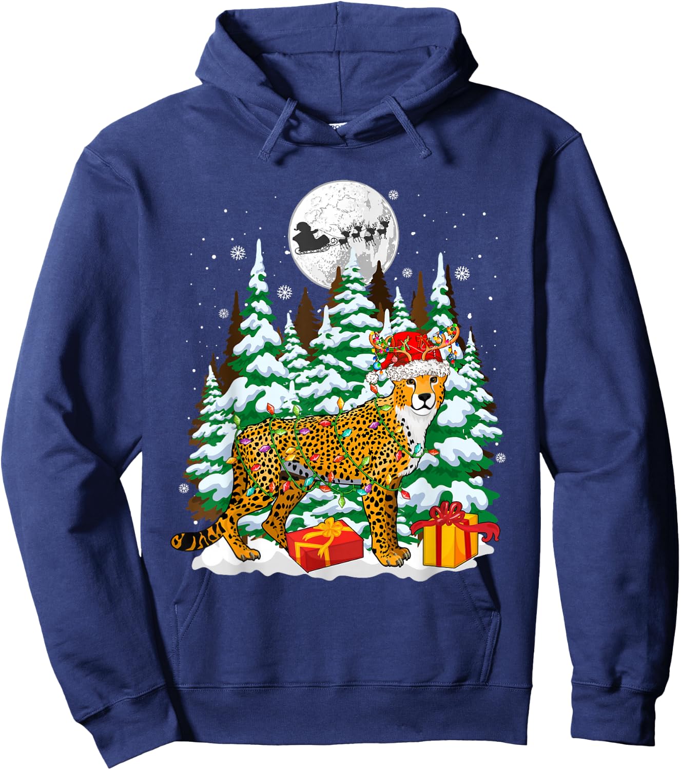 Santa Reindeer Cheetah Christmas Trees Animal Lover Kids Hoodie - Hoodie | Navy