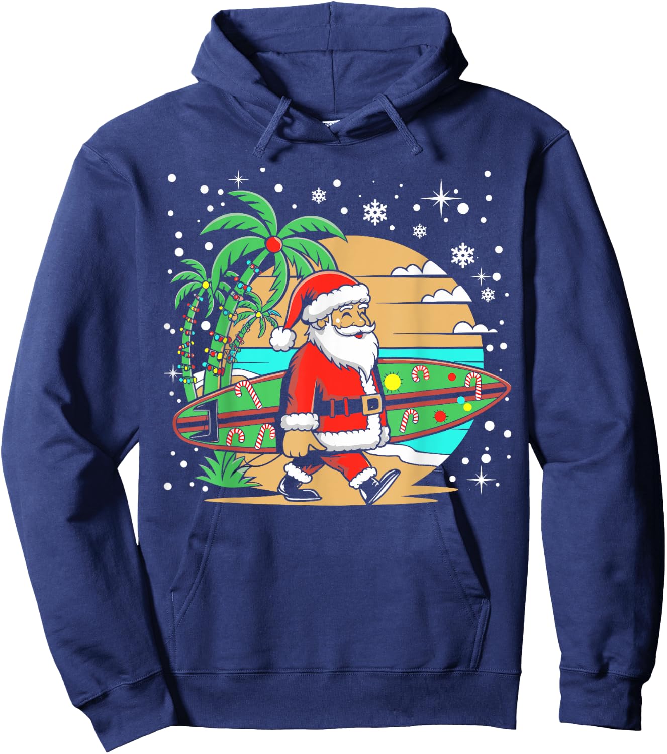 Surf Funny Surfboard Xmas Lights Santa Surfing Christmas Hoodie - Hoodie | Navy
