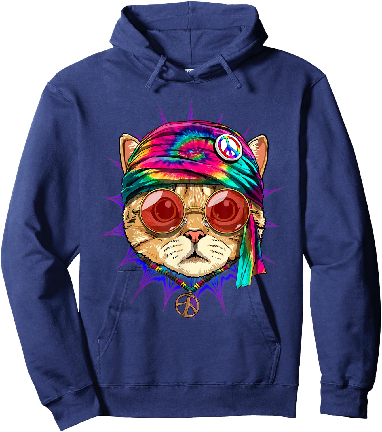 Tie Dye Cat Shirt Hippy Cat Peace Sign Cat Lover Hoodie - Hoodie | Navy