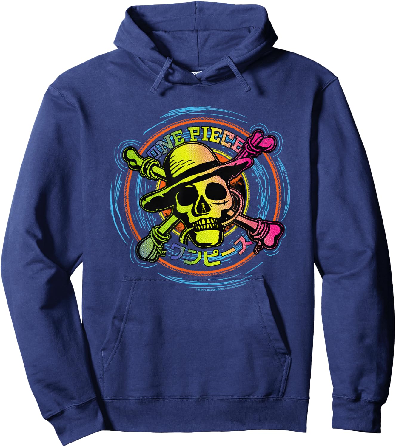 Straw Hat One Piece Anime Pirates Color Logo Kanji , Black, S Hoodie - Hoodie | Navy