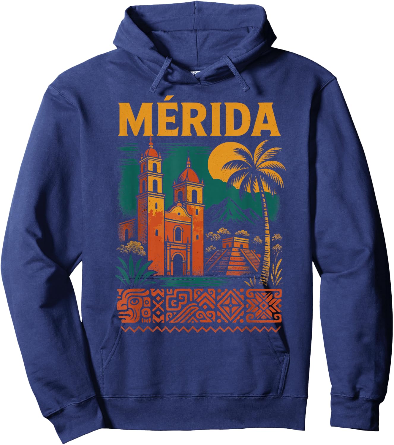 Merida Mexico Retro Yucatan Travel Art Cathedral Mexican Hoodie - Hoodie | Navy