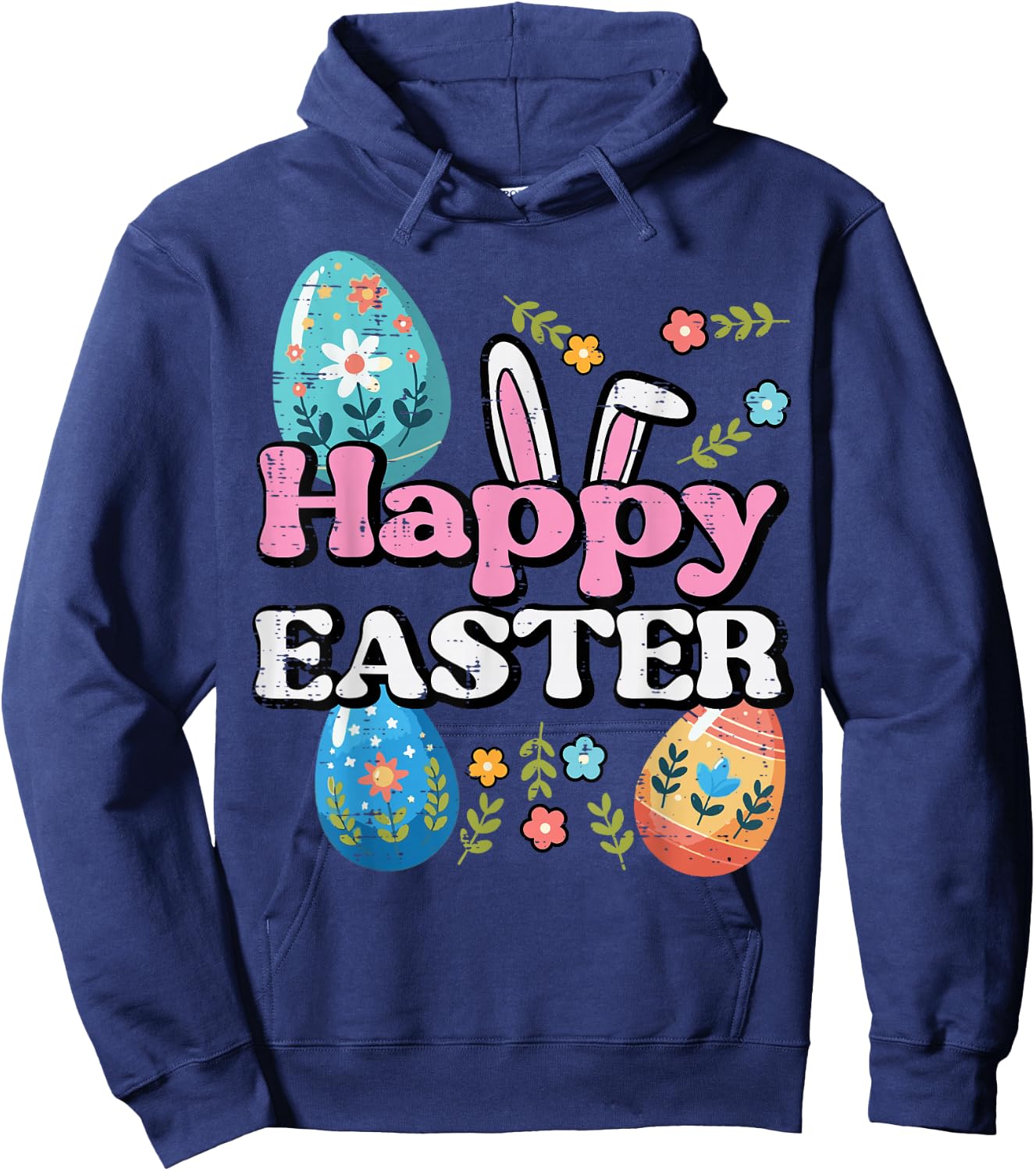 Happy Easter Bunny Ears Eggs Flowers Spring Women Kids Men Hoodie - Hoodie | Navy