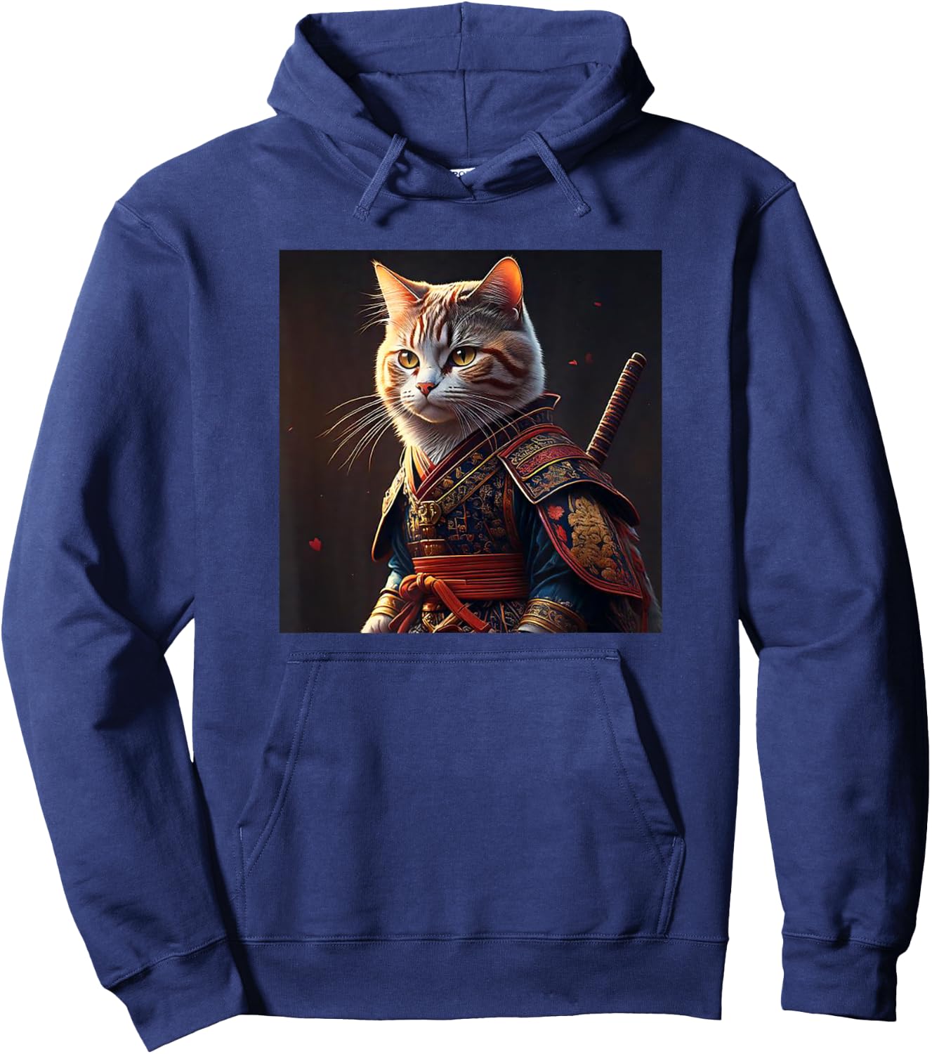 Kawaii Samurai Cat Portrait - Vintage Japanese Art Anime Cat Hoodie - Hoodie | Navy