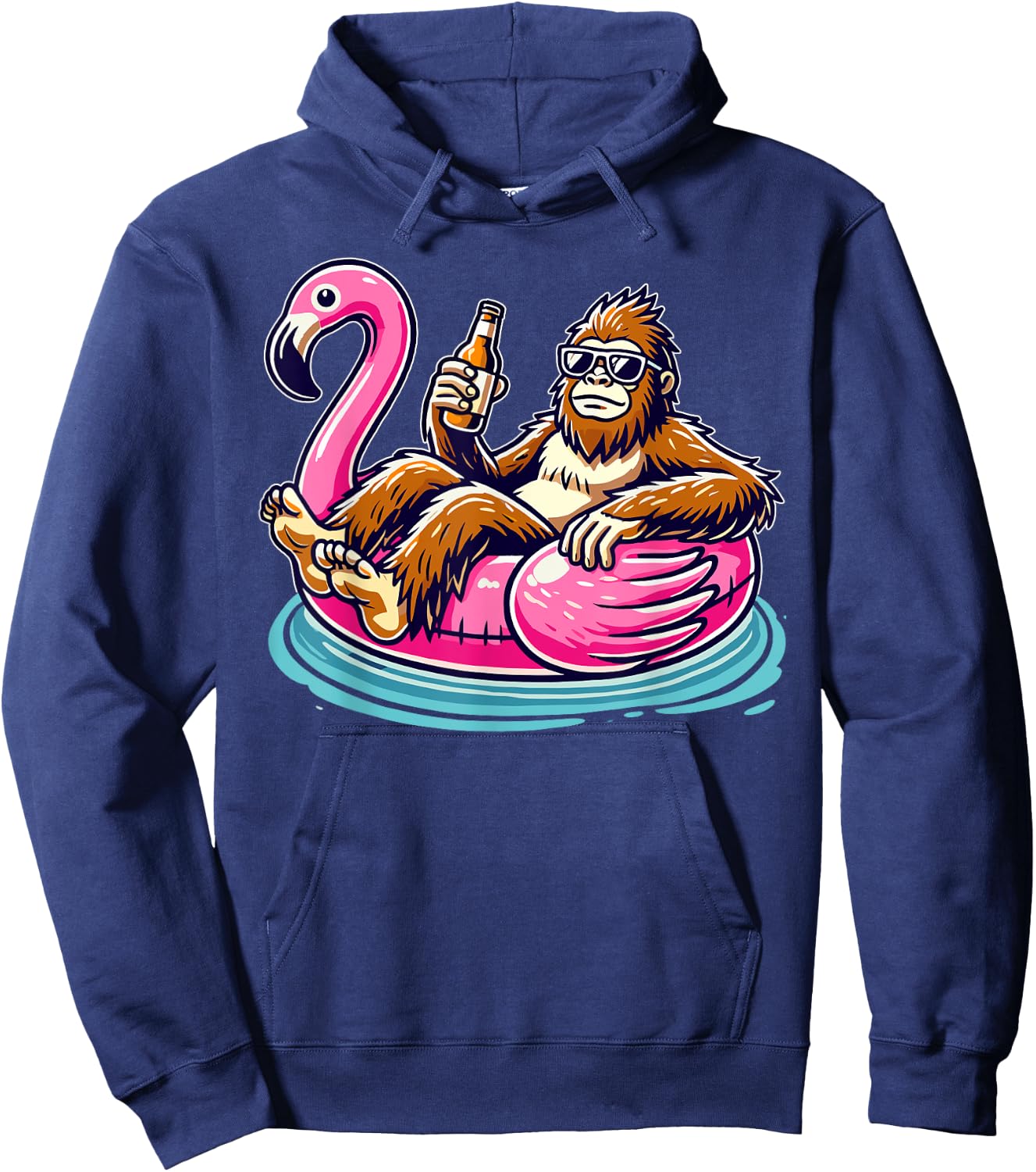 Bigfoot Chilling on Flamingo Float with Beer Fun Summer Vibe Hoodie - Hoodie | Navy