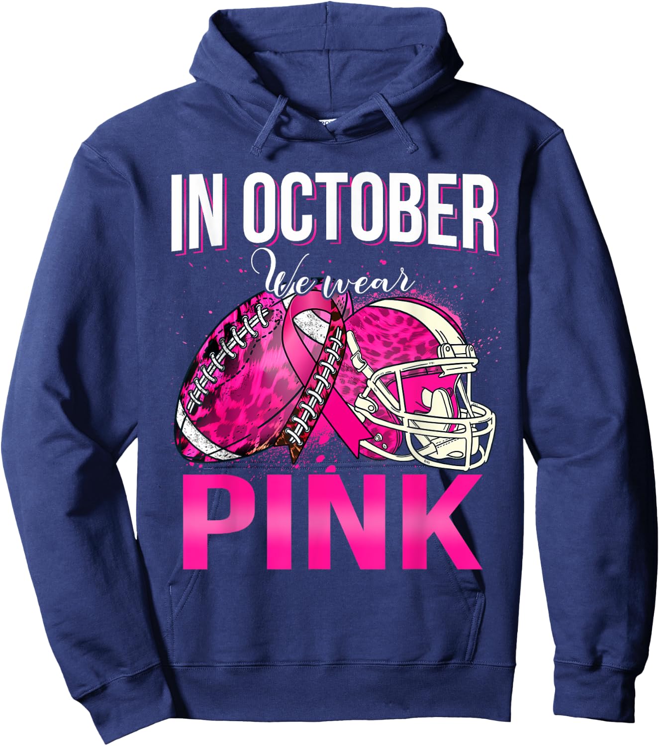 In October We Wear Pink Football Leopard Breast Cancer Hoodie - Hoodie | Navy
