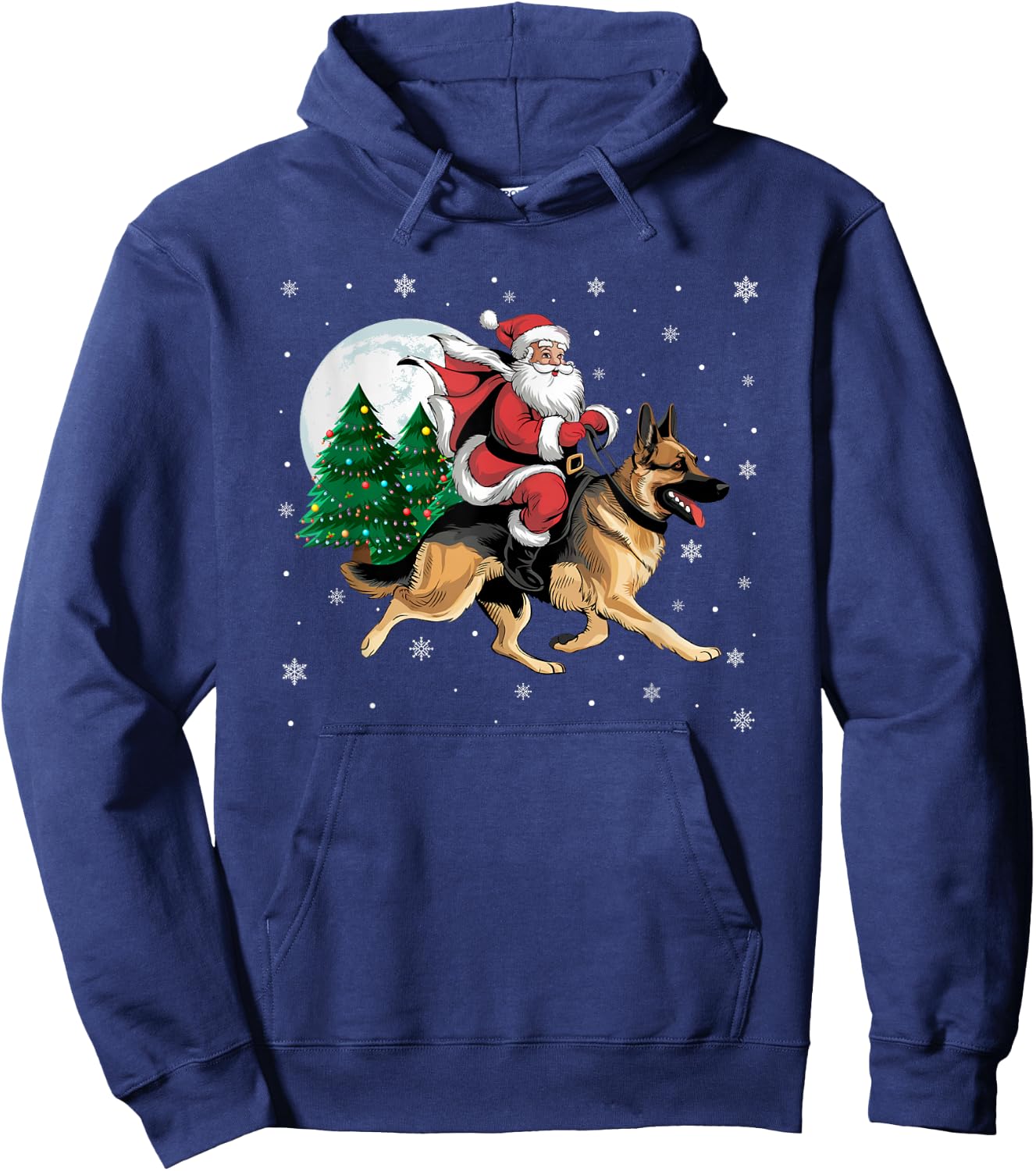 Santa Claus Riding German Shepherd Dog Christmas Tree Lights Hoodie - Hoodie | Navy