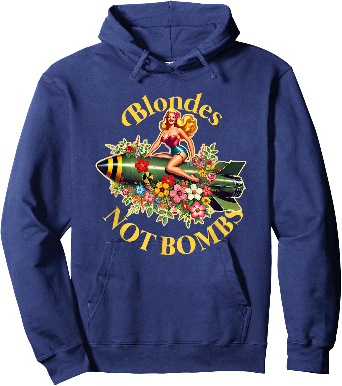 Blondes Not Bombs | Peace Retro Vintage Sexy Pin Up Girl Hoodie - Hoodie | Navy