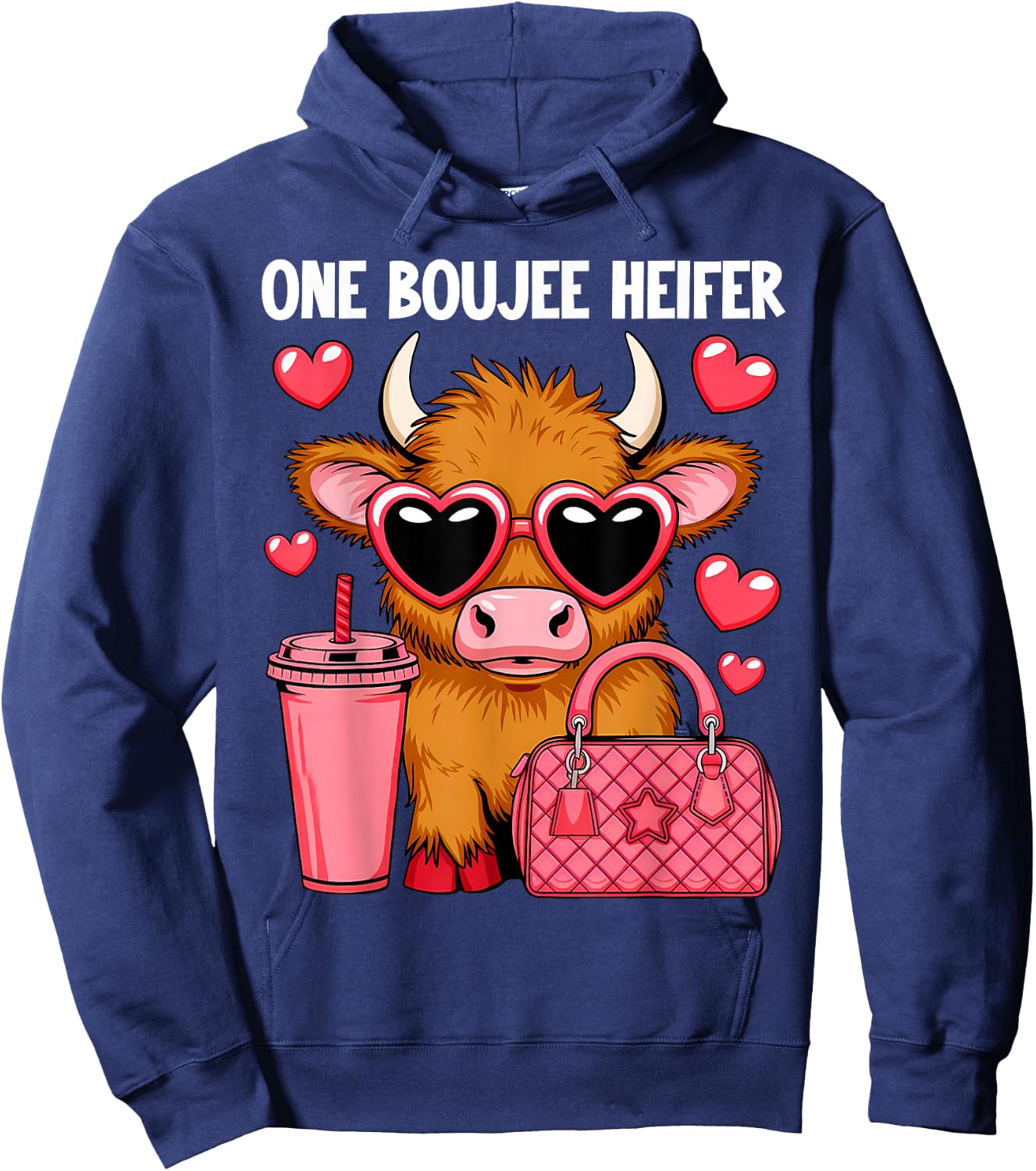 Highland Cow One Boujee Heifer Fashion Pink Cow Hoodie - Hoodie | Navy