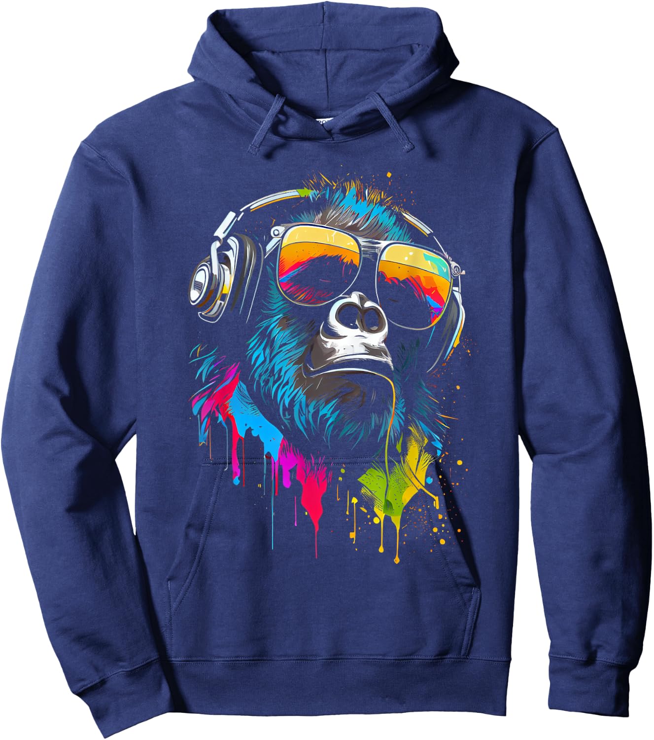 Monkey DJ with Headphones and Sunglasses Gorilla Musik , Black, S Hoodie - Hoodie | Navy