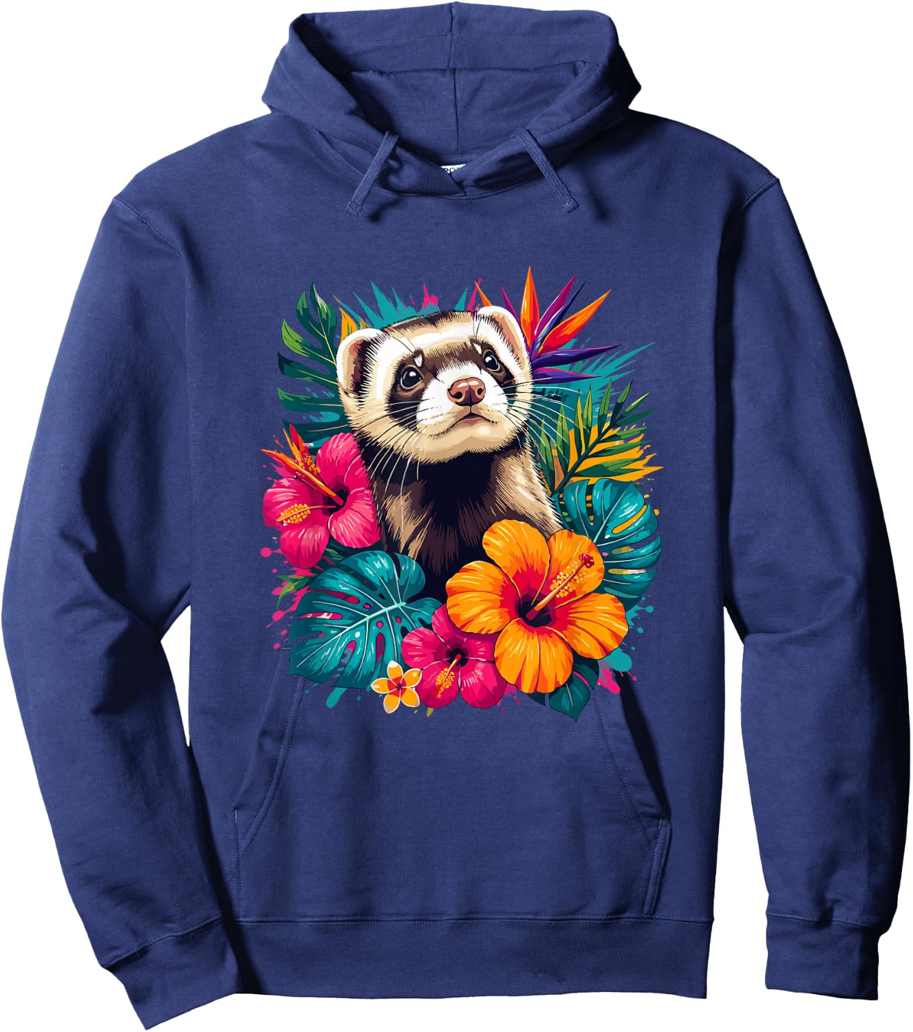Colorful Ferret in Tropical Hibiscus Flowers Summer Hoodie - Hoodie | Navy