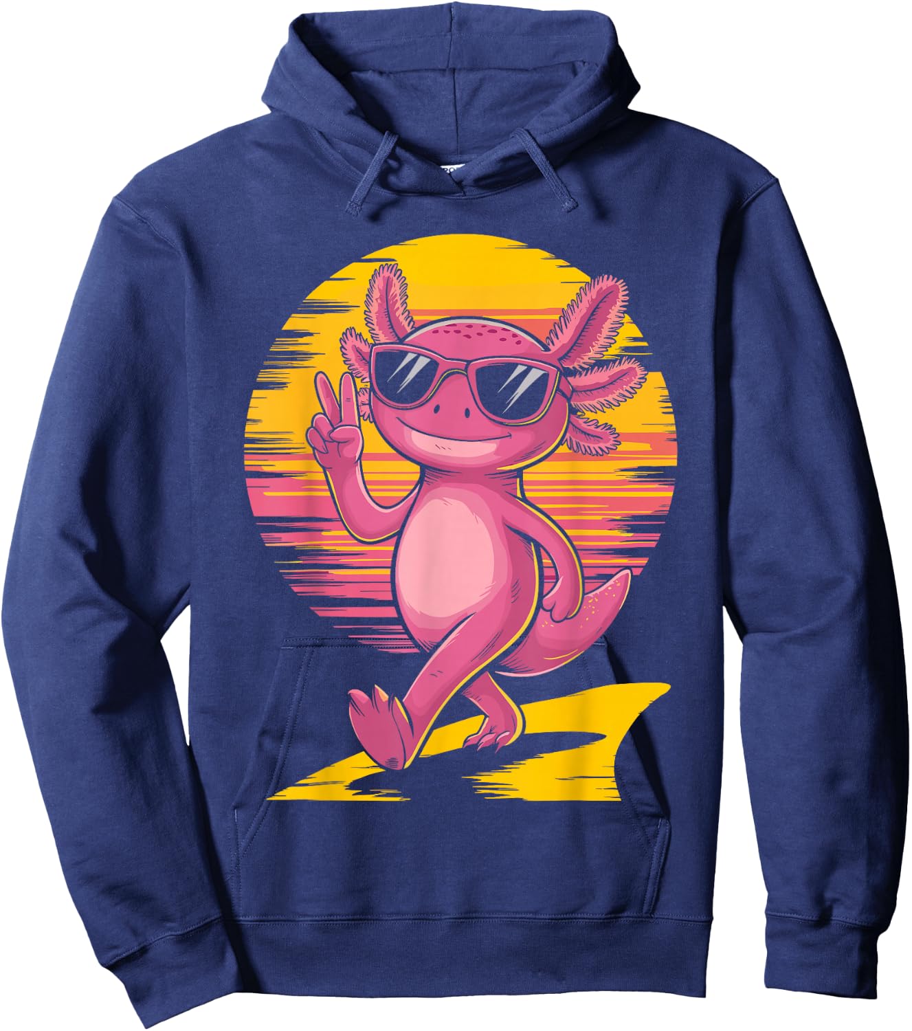 Retro Sunset Cool Axolotl With Sunglasses Peace Sign Hoodie - Hoodie | Navy