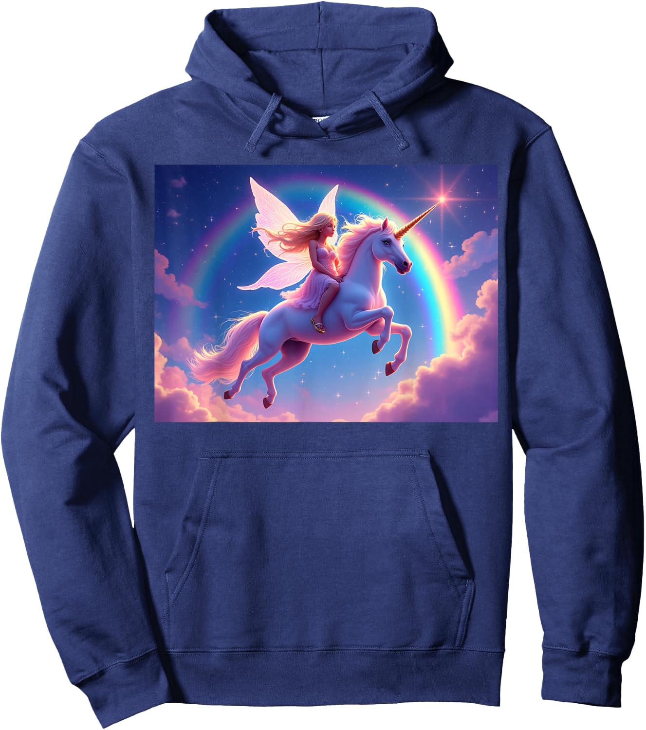 Fairy Riding a Unicorn With Rainbow and Stars Background Hoodie - Hoodie | Navy