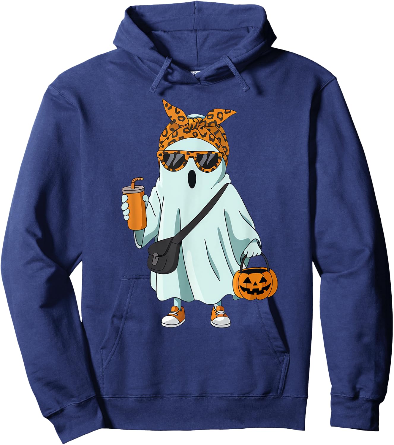 Halloween Ghost Coffee Cute Ghost Drinking Coffee Leopard Hoodie - Hoodie | Navy