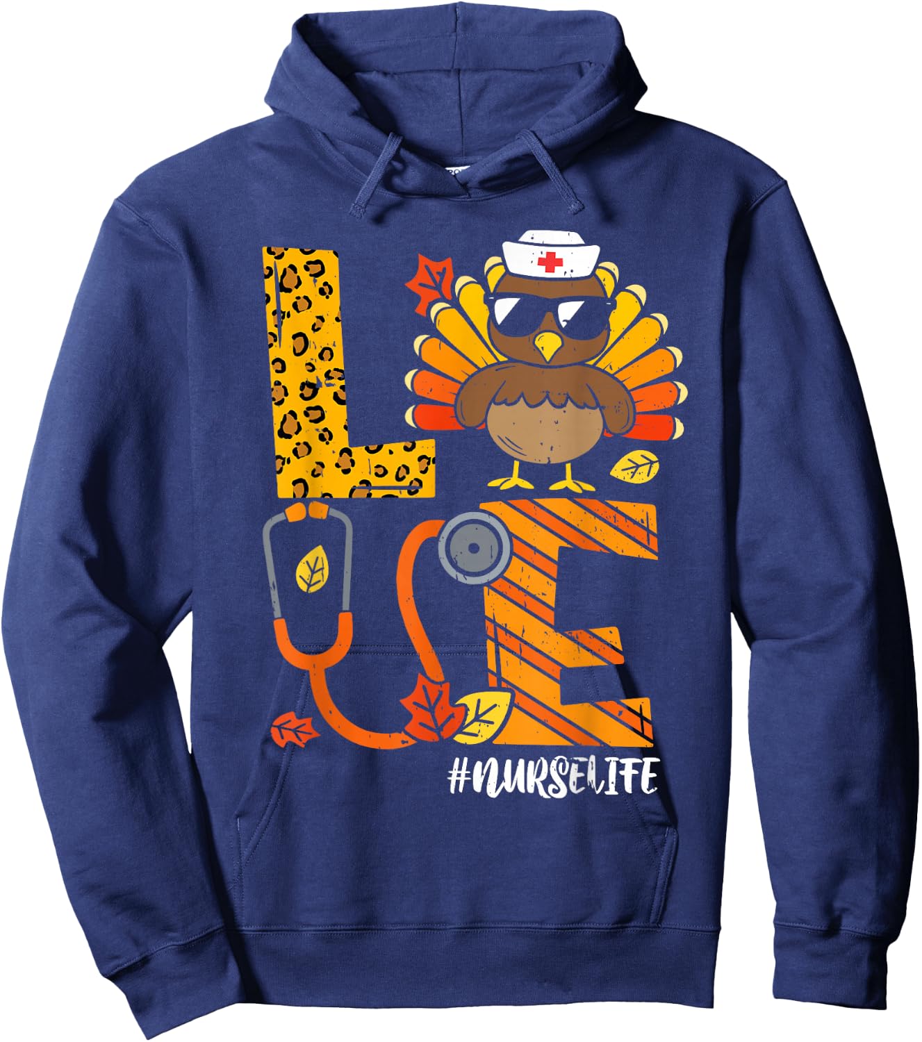 Love Turkey Thanksgiving Nurse Life Fall Scrub Top Women Hoodie - Hoodie | Navy