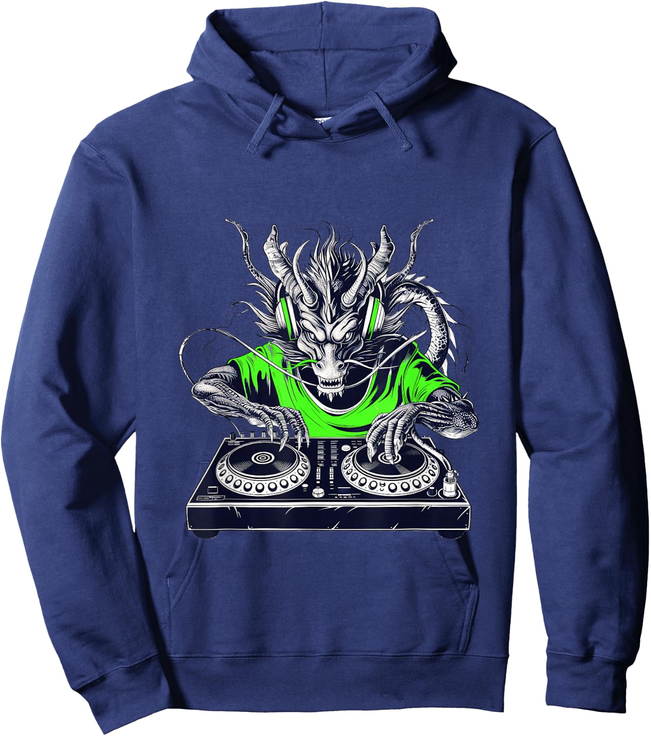 Retro vintage Rave music Festival cool dragon DJ lime green Hoodie - Hoodie | Navy