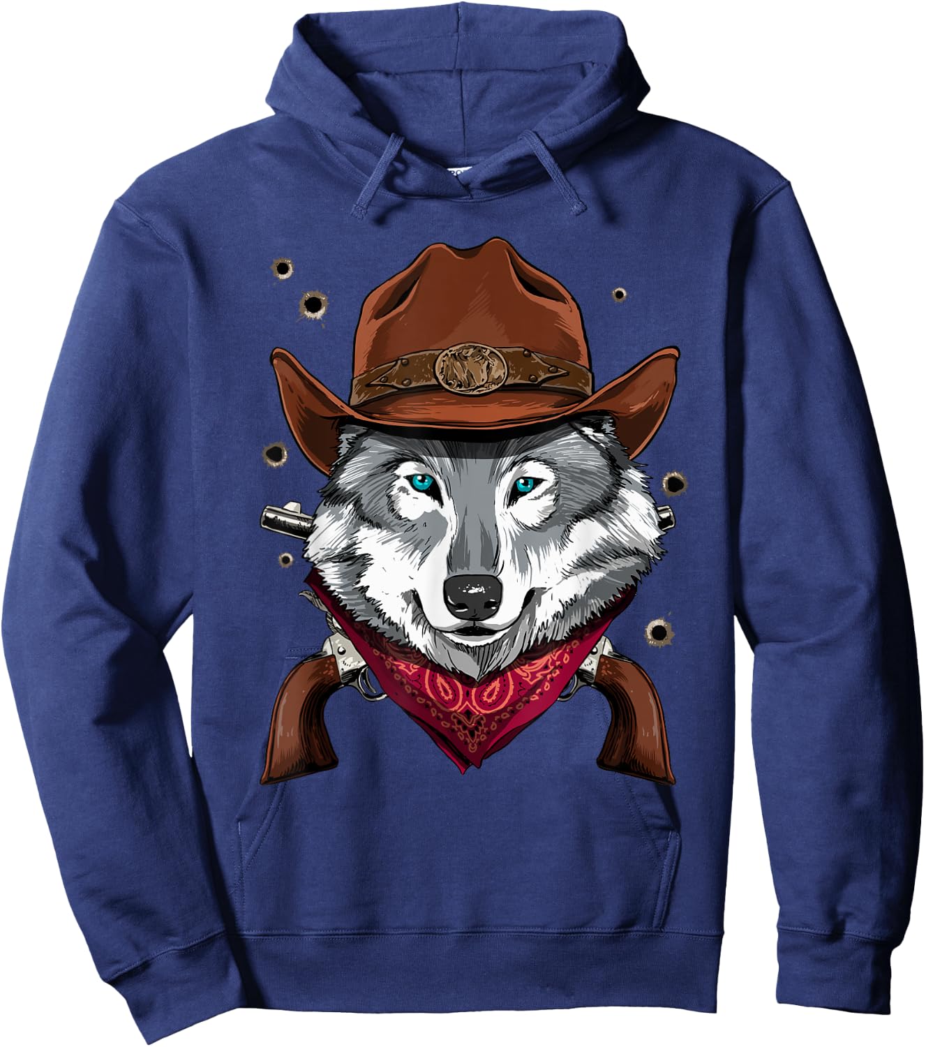 Cowboy Wolf Western Rodeo Cowboy Hat and Bandana Hoodie - Hoodie | Navy