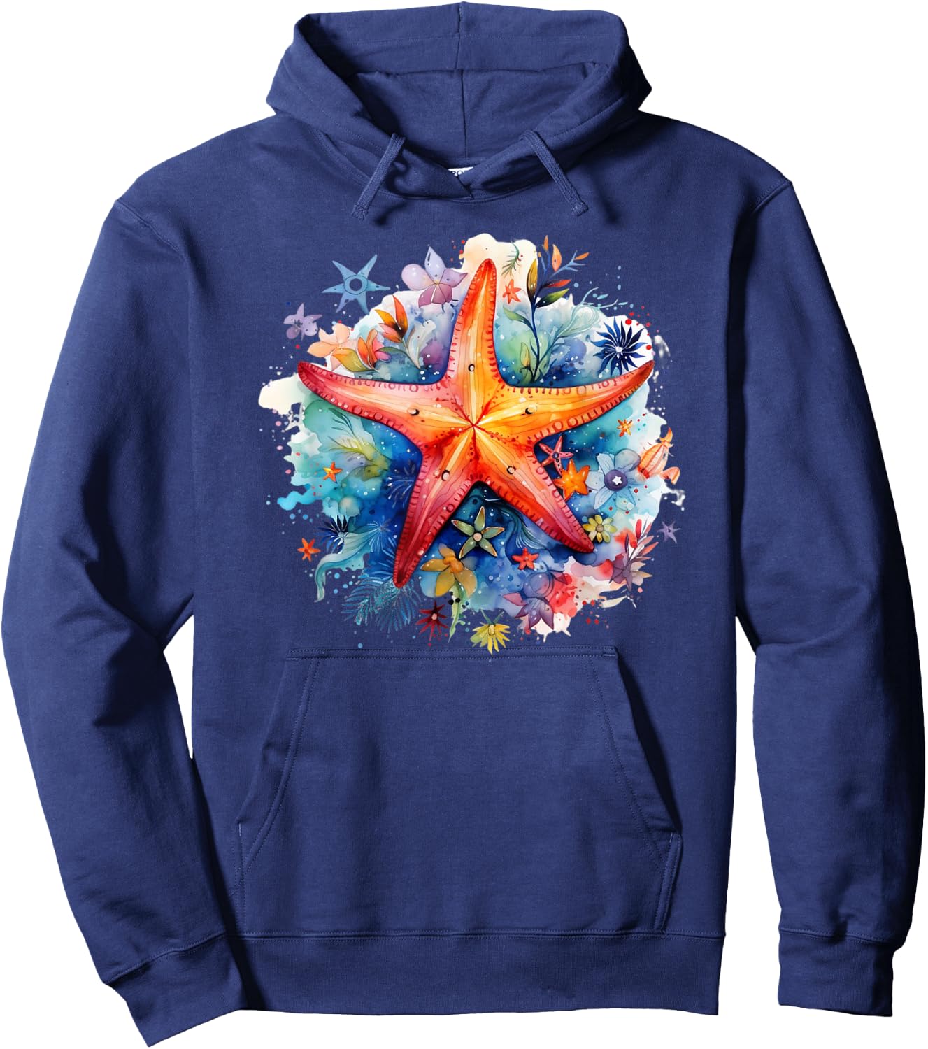 Ocean Themed Beach Vacation Graphic Sea Watercolor Starfish Hoodie - Hoodie | Navy