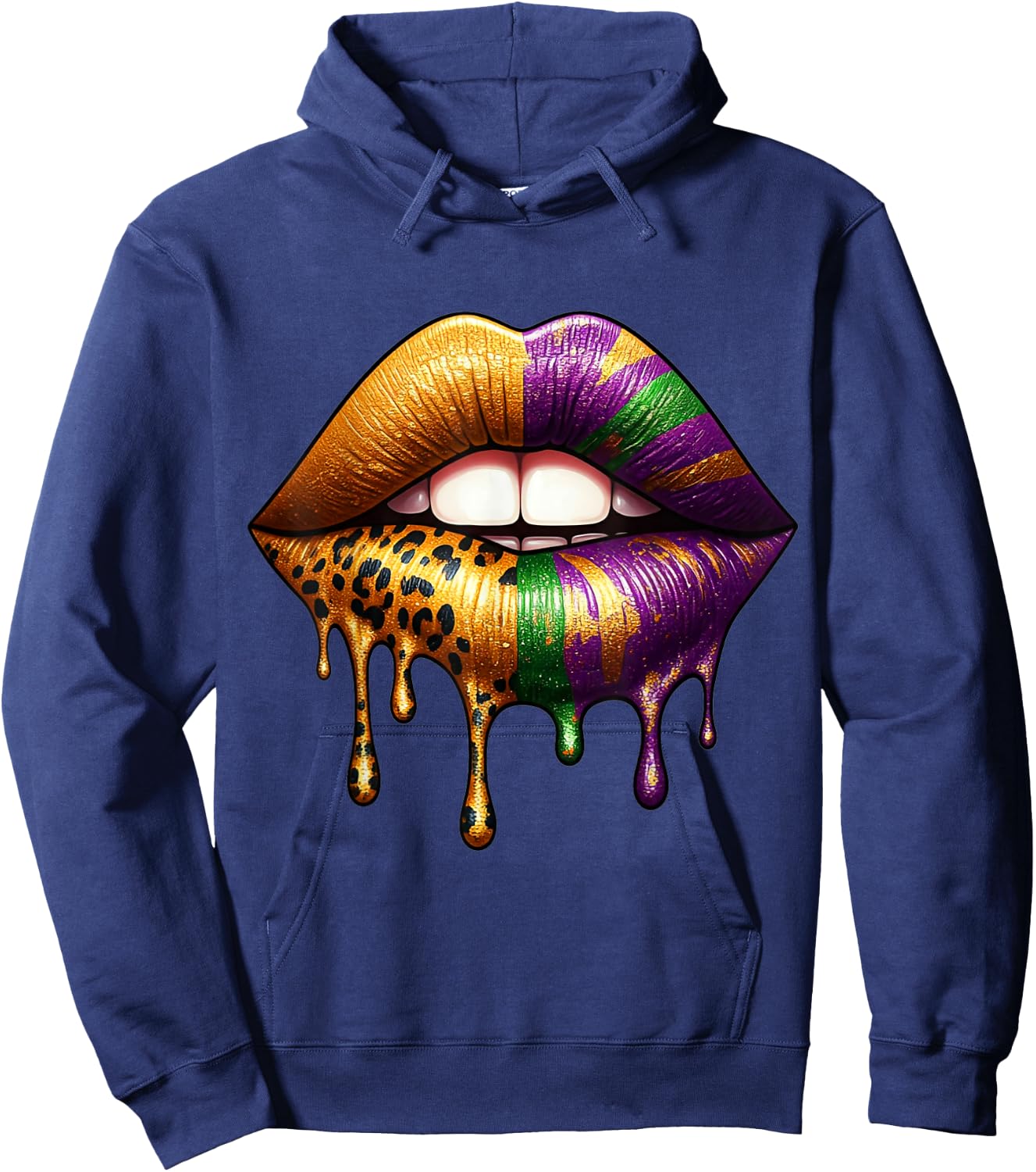 Eye-Catching Glossy Dripping Gold Leopard Print Lips Hoodie - Hoodie | Navy