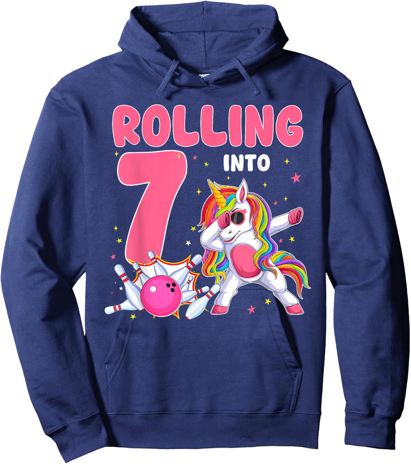 Rolling Into 7 7th Birthday Unicorn Bowling 7 Year Old Hoodie - Hoodie | Navy