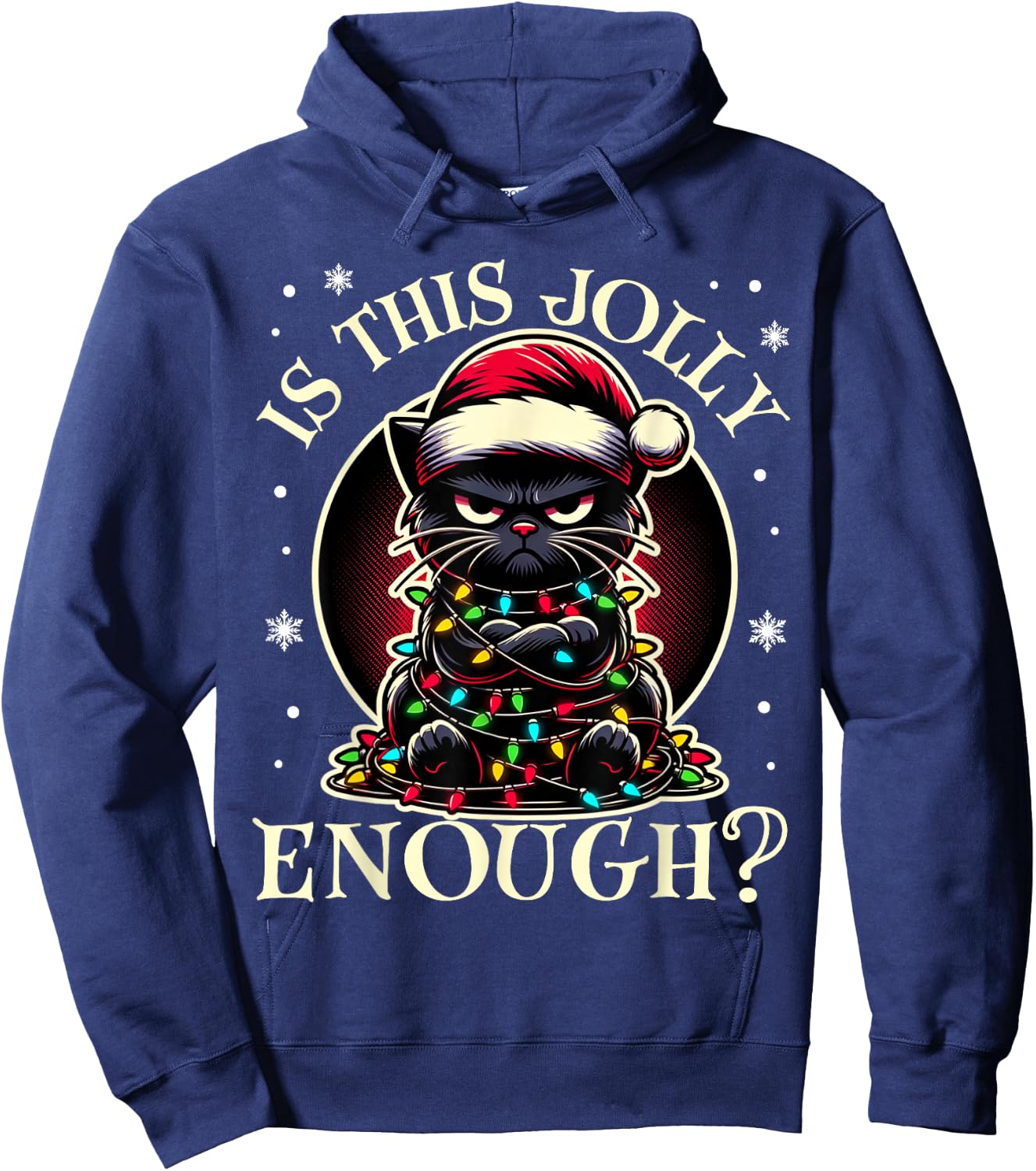 Is This Jolly Enough Funny Black Cat Christmas Tree Lights Hoodie - Hoodie | Navy