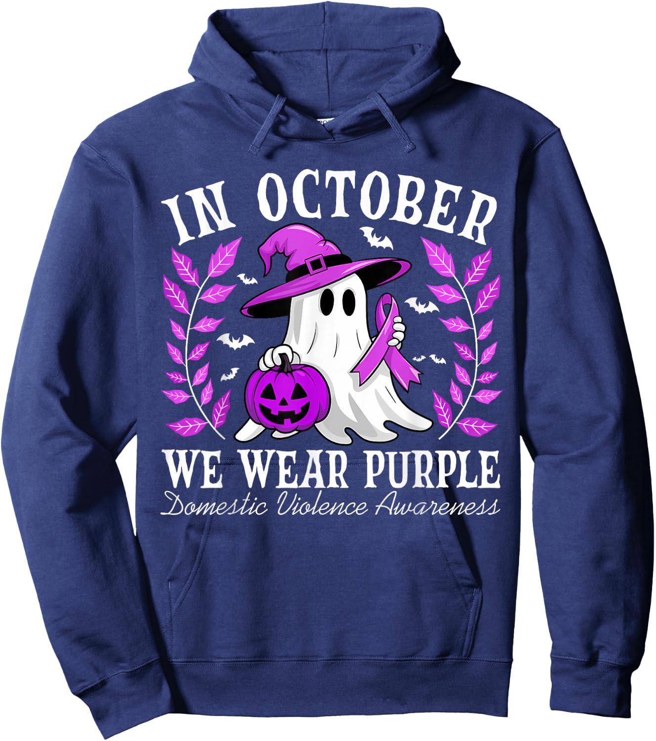In October We Wear Purple Domestic Violence Ghost Halloween Hoodie - Hoodie | Navy