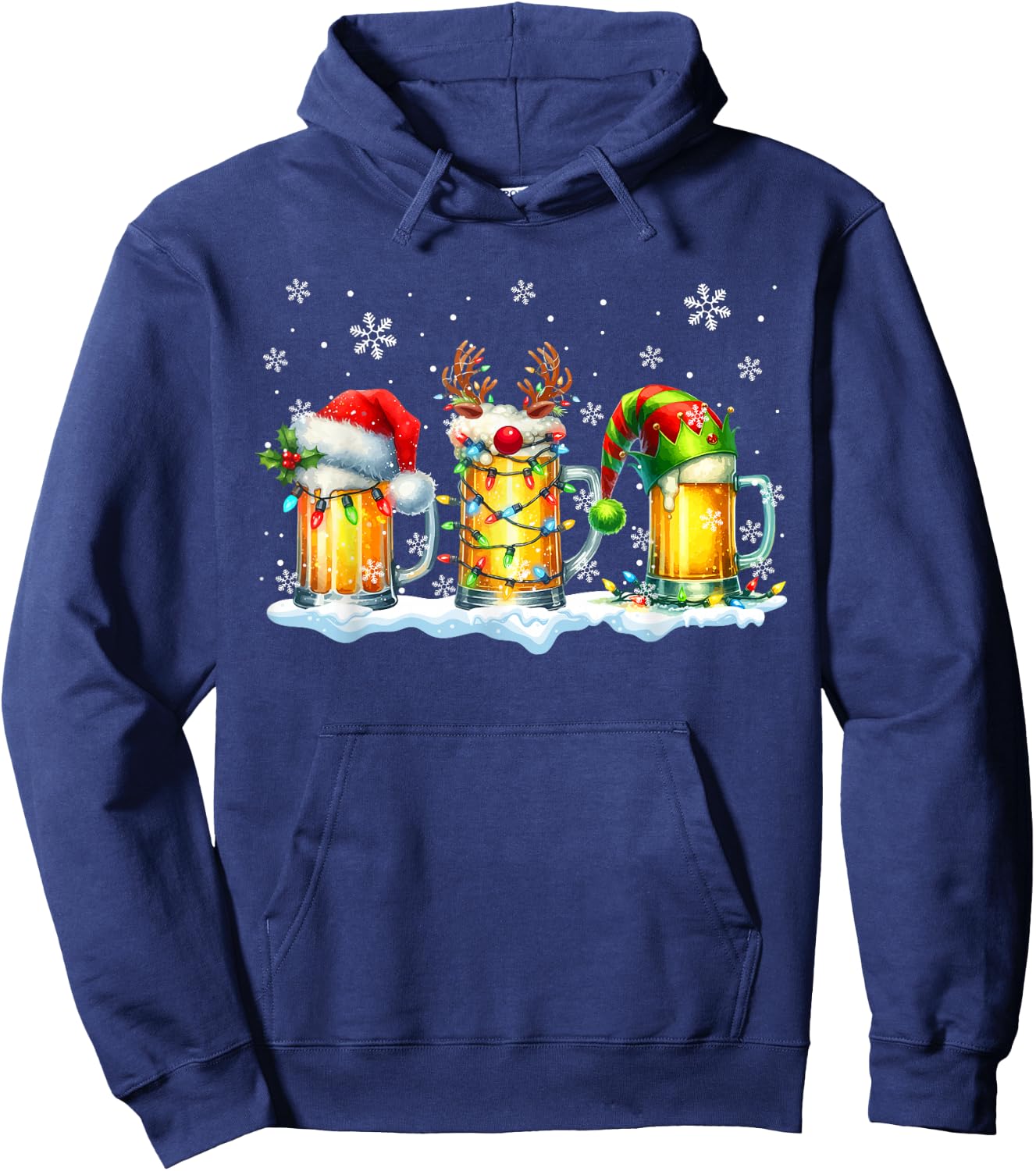 Three Glasses Beer Santa Reindeer, Elf, Christmas Drunk , Black, S Hoodie - Hoodie | Navy