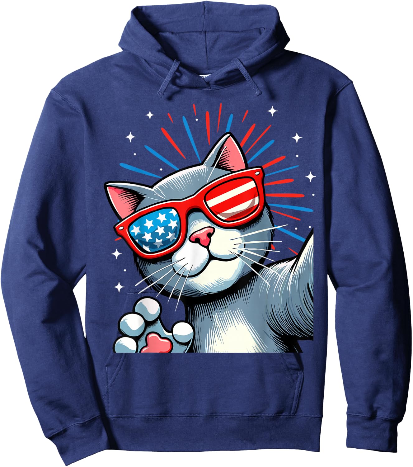 Cat Selfie with Fireworks American Flag 4th Of July Women Kids Men Hoodie - Hoodie | Navy
