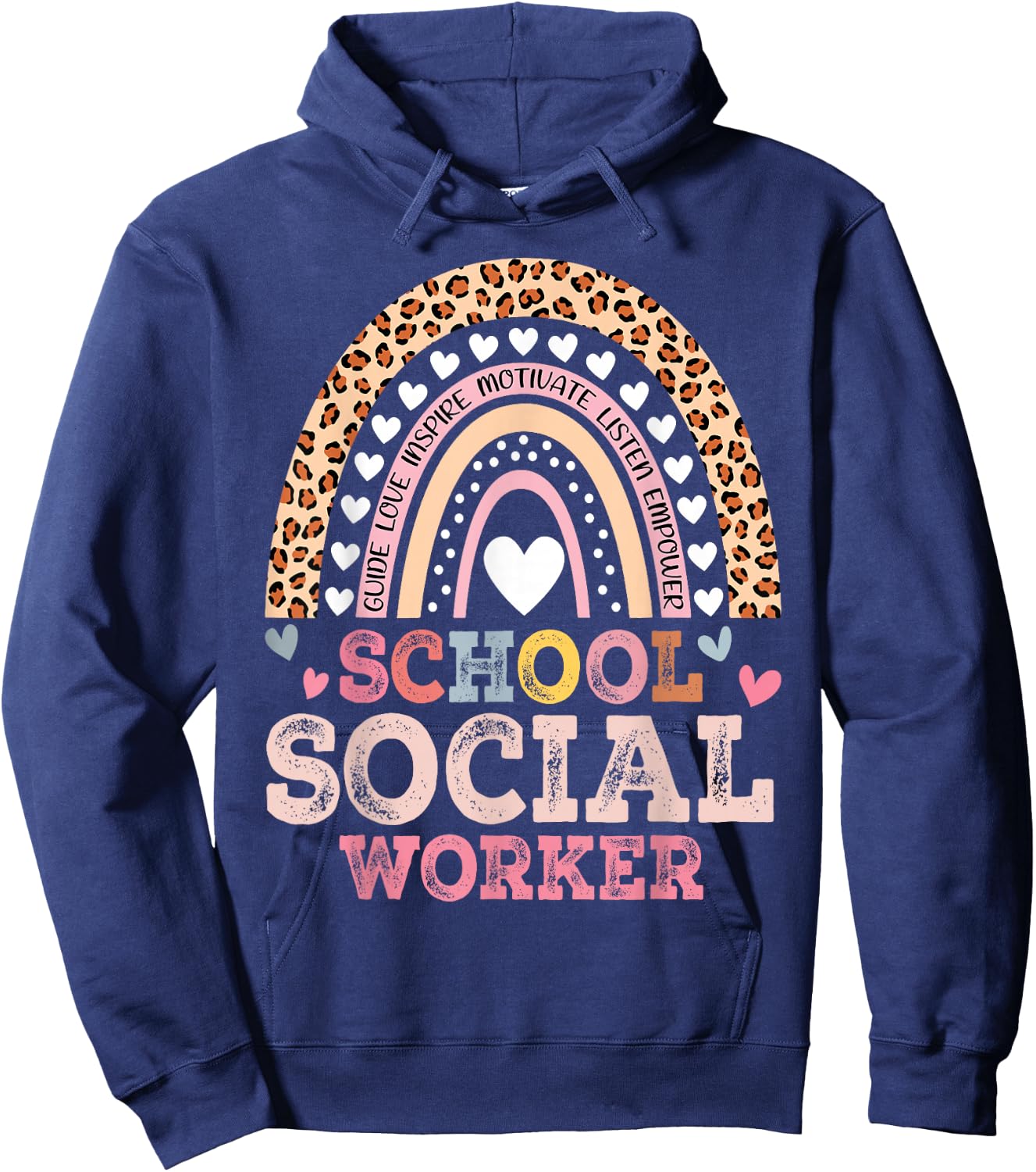 School Social Worker Rainbow Leopard Print Funny Social Work Hoodie - Hoodie | Navy