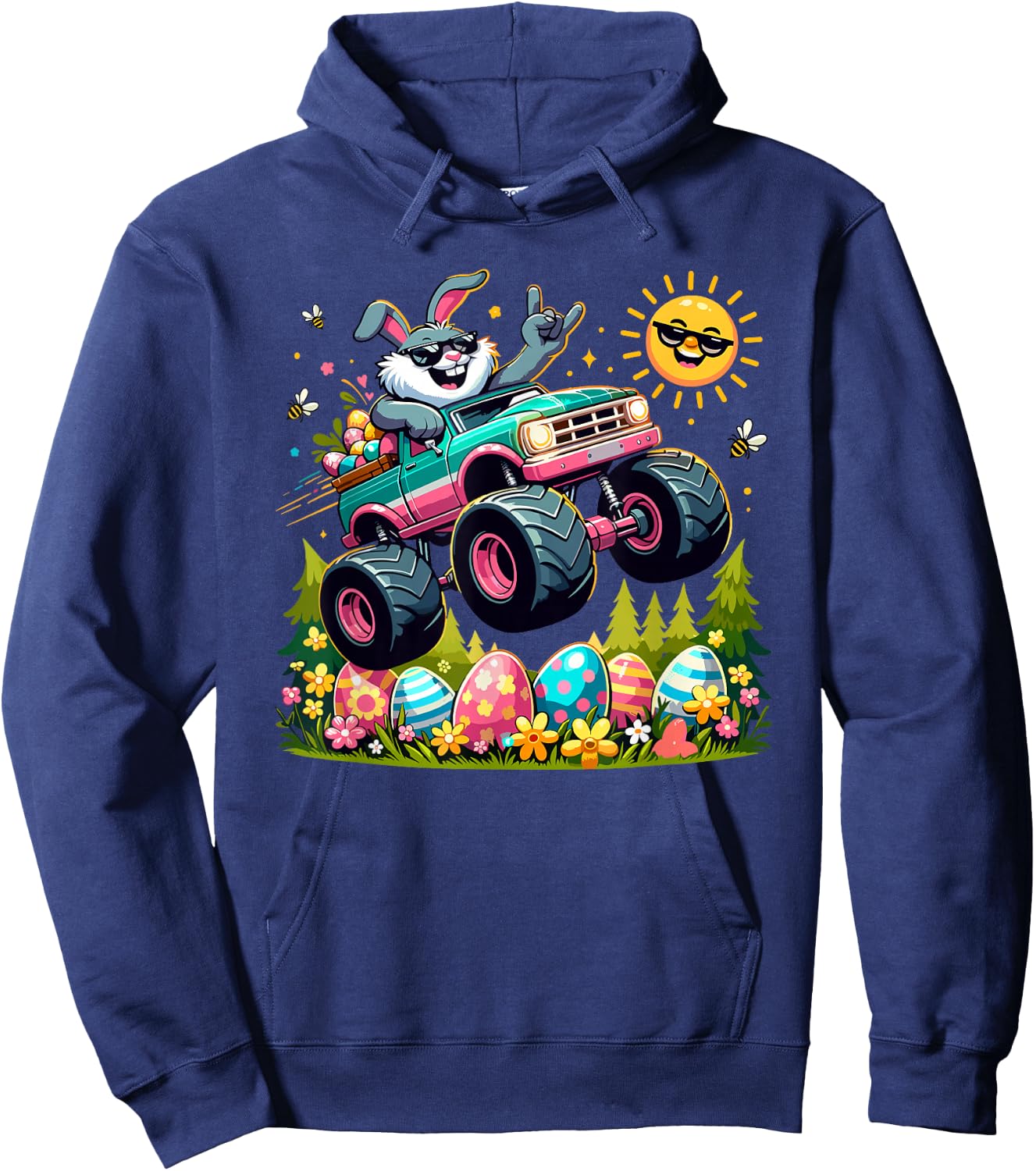 Happy Easter Bunny Monster Truck Outfit Toddler Boys Kids Hoodie - Hoodie | Navy