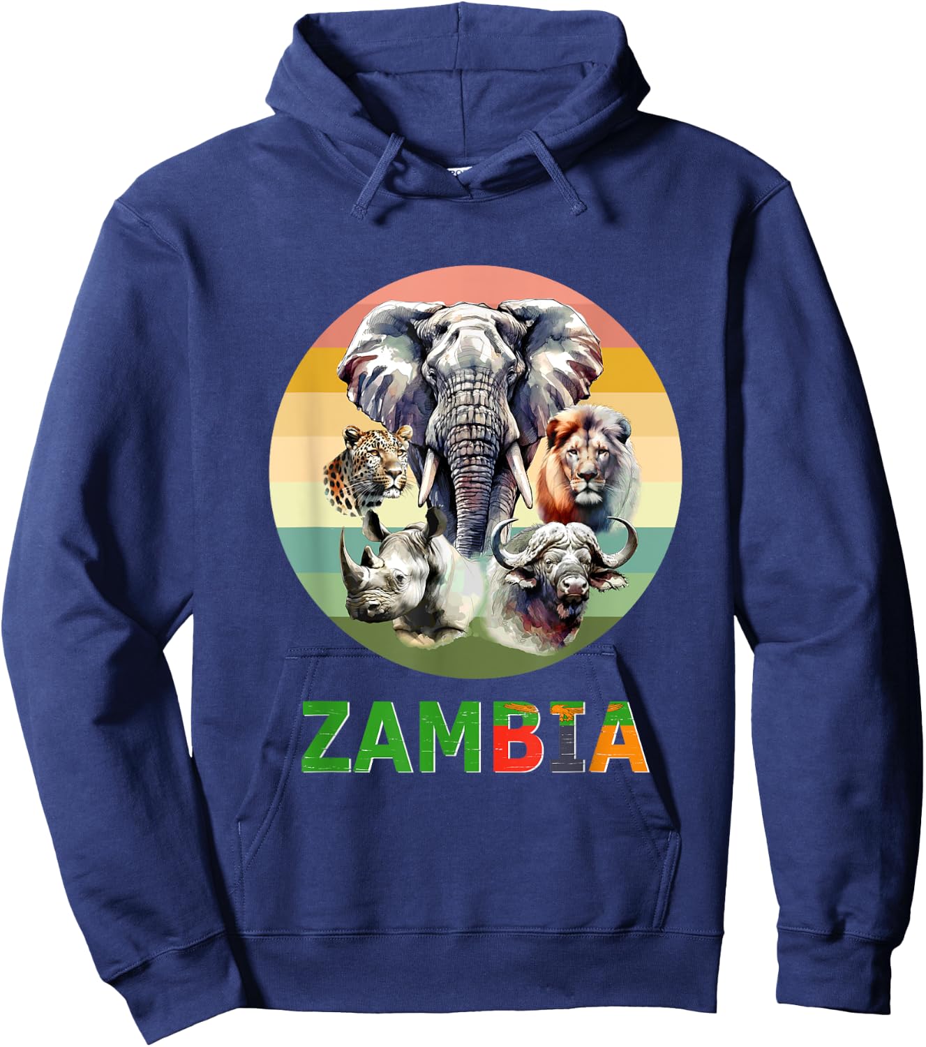Zambia Big-5 Watercolor on Retro Sunset for Zambia Fans Hoodie - Hoodie | Navy