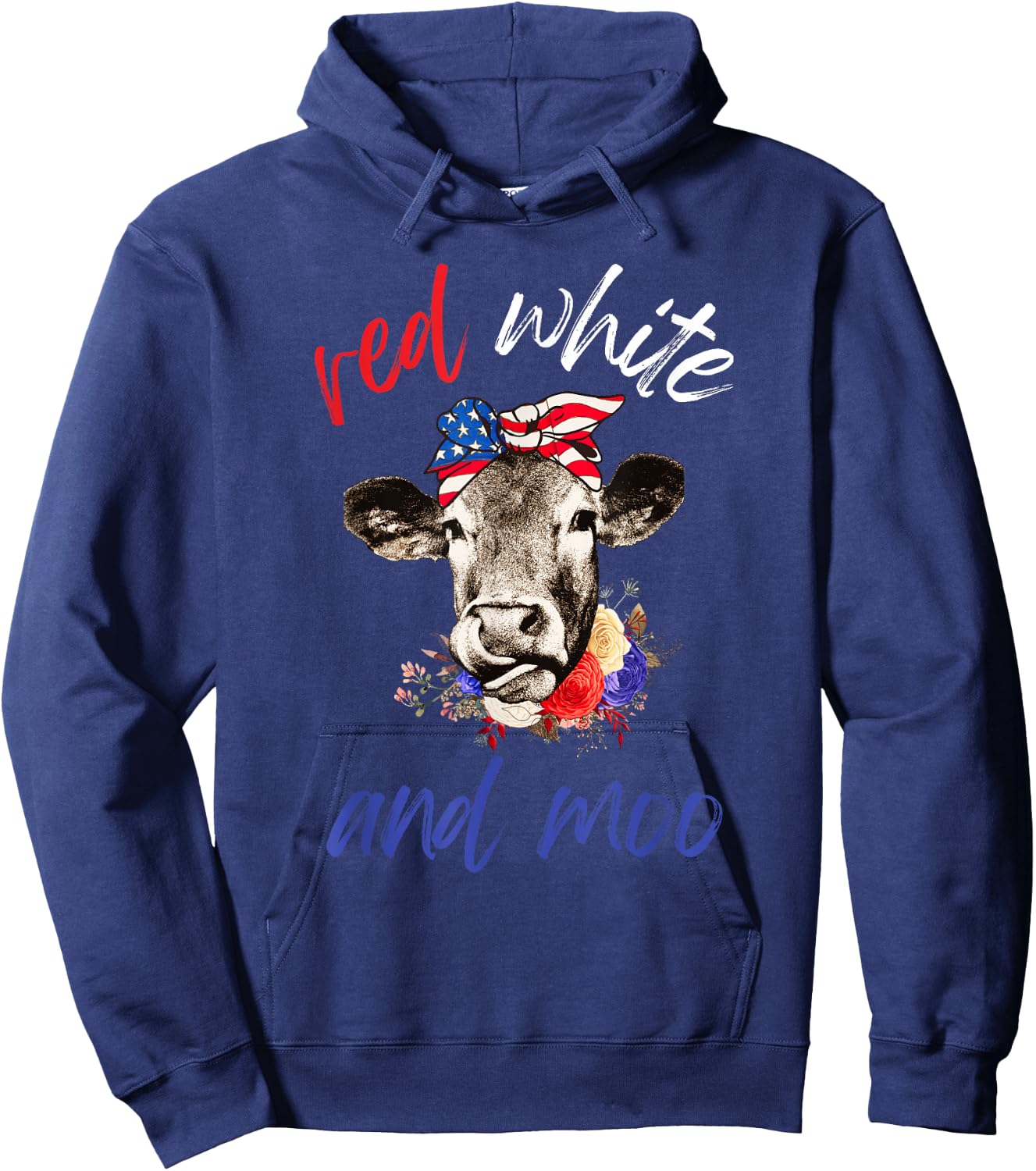Red White and Moo Patriotic Cow USA Flag Funny 4th of July Hoodie - Hoodie | Navy