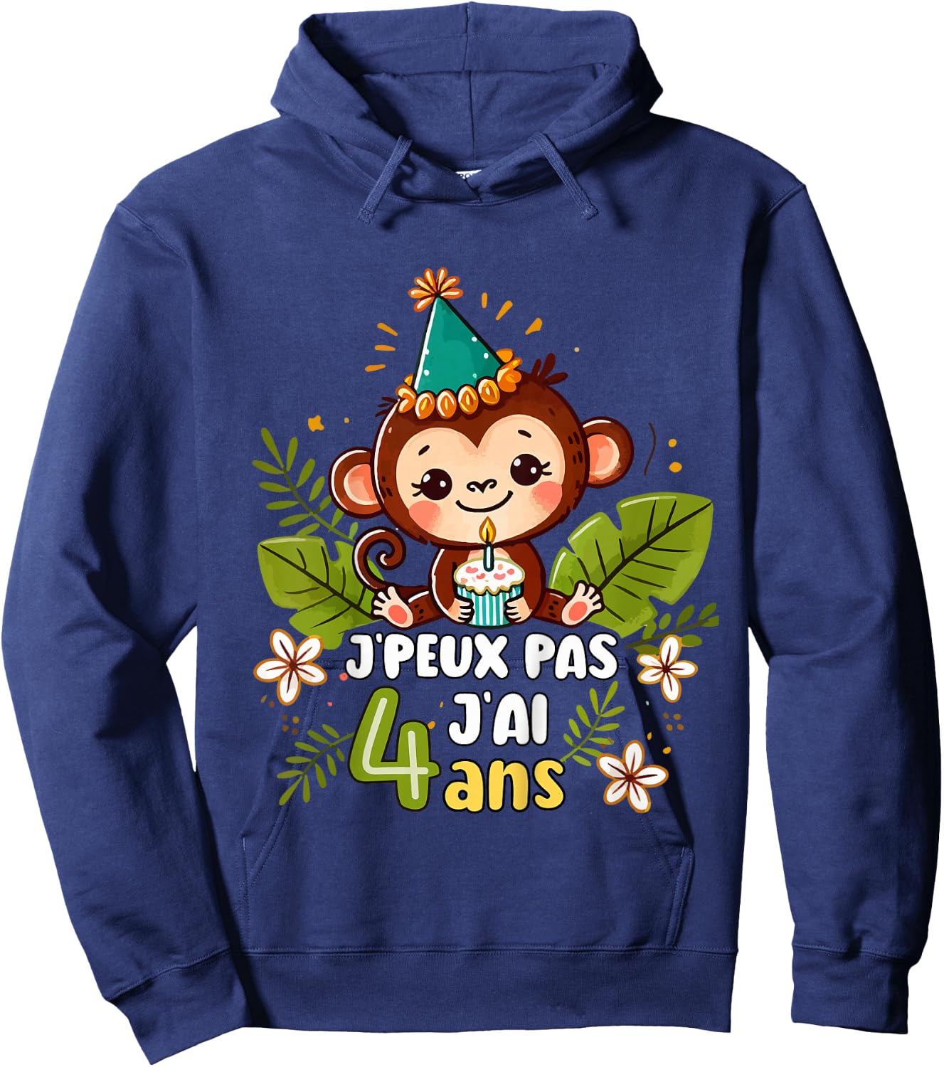 Child Je Peux Pas J'ai 4 Years Birthday Jungle Monkey Boy Green , Green, 2 Hoodie - Hoodie | Navy