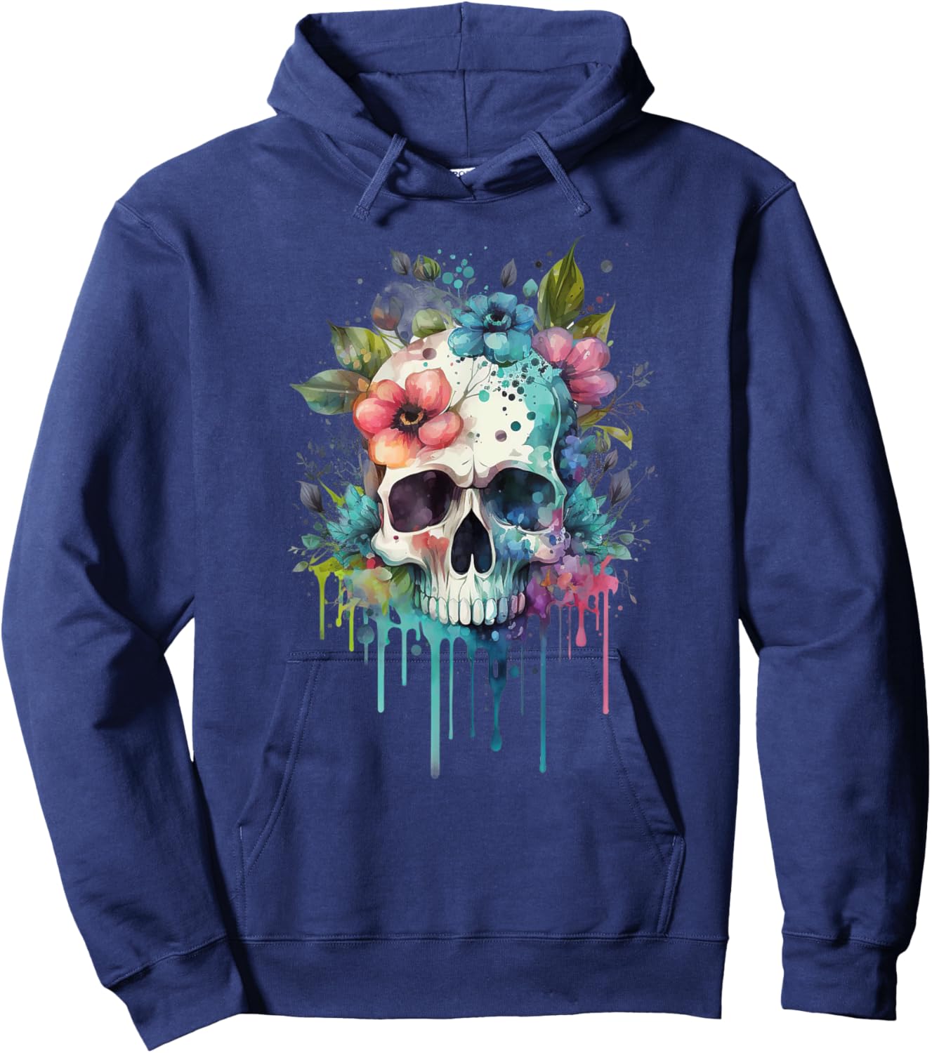 Vintage Skull Boho Skull with Flowers Hoodie - Hoodie | Navy