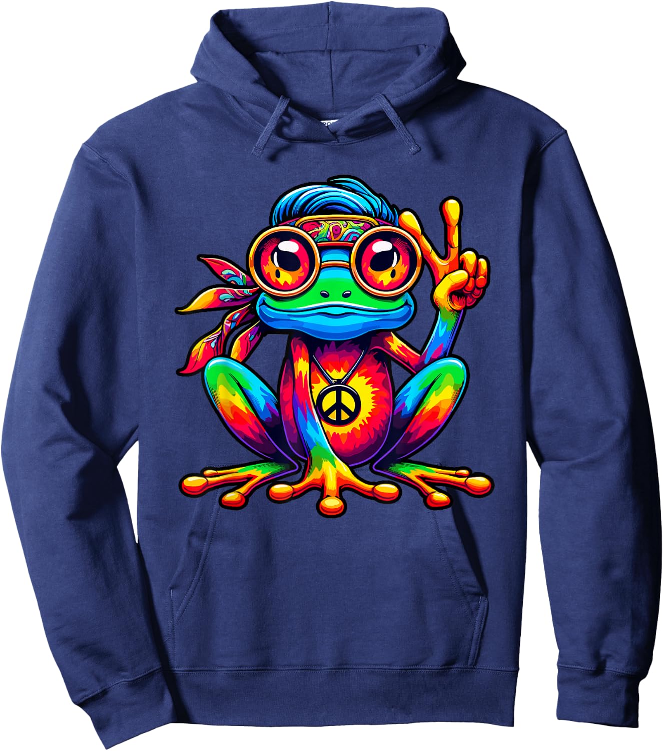 Hippie Frog Costume Tie Dye Peace Sign 70s Party 60s , Black, S Hoodie - Hoodie | Navy