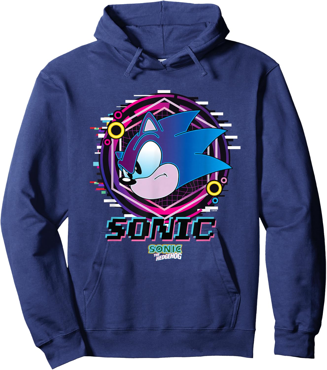 Sonic The Hedgehog Sonic Face Glitch Retro Neon Logo Hoodie - Hoodie | Navy