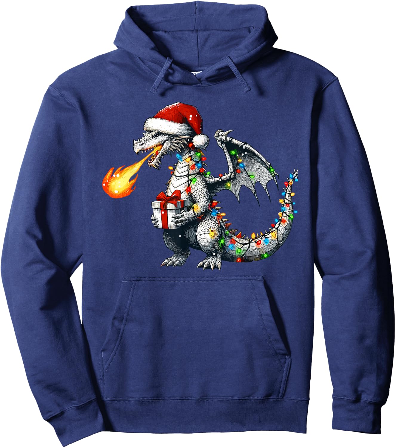 Dragon Wearing Santa Hat Holding A Present Box Xmas Hoodie - Hoodie | Navy