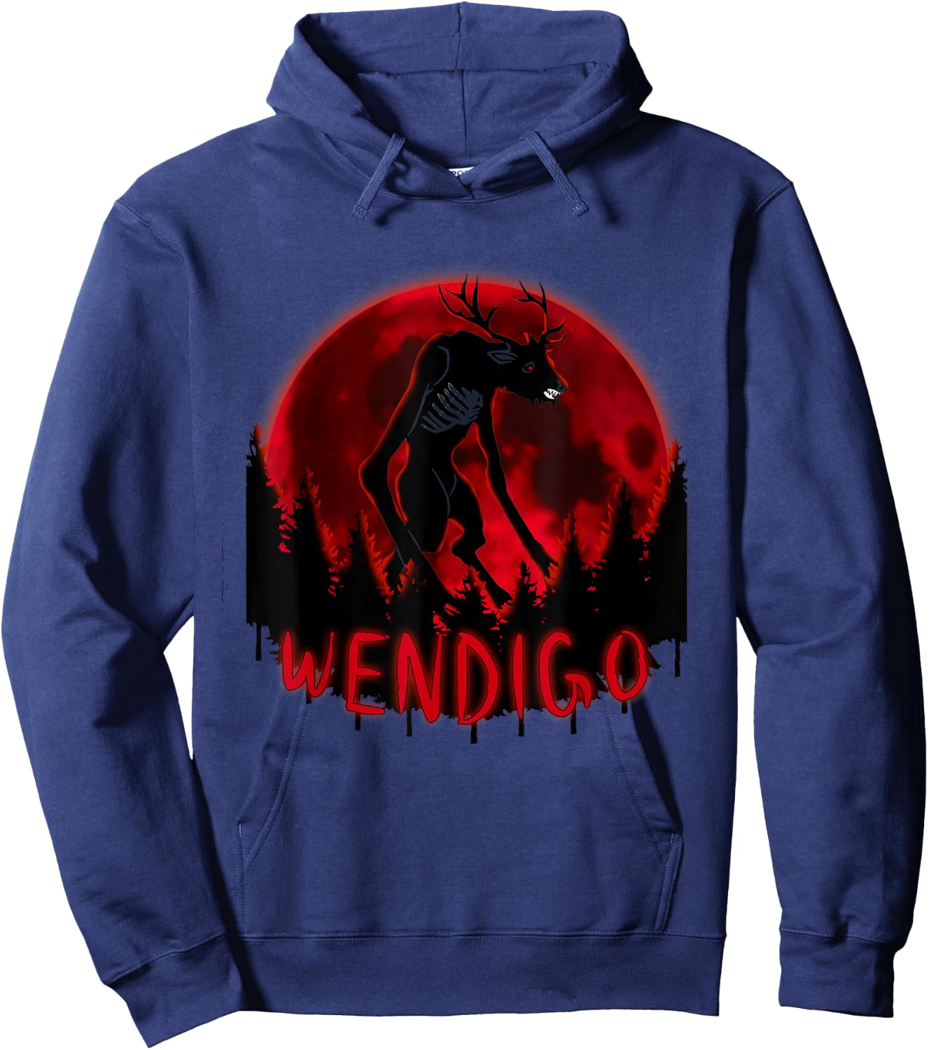 Red Full Moon in a ghost forest Wendigo Folklore Hoodie - Hoodie | Navy