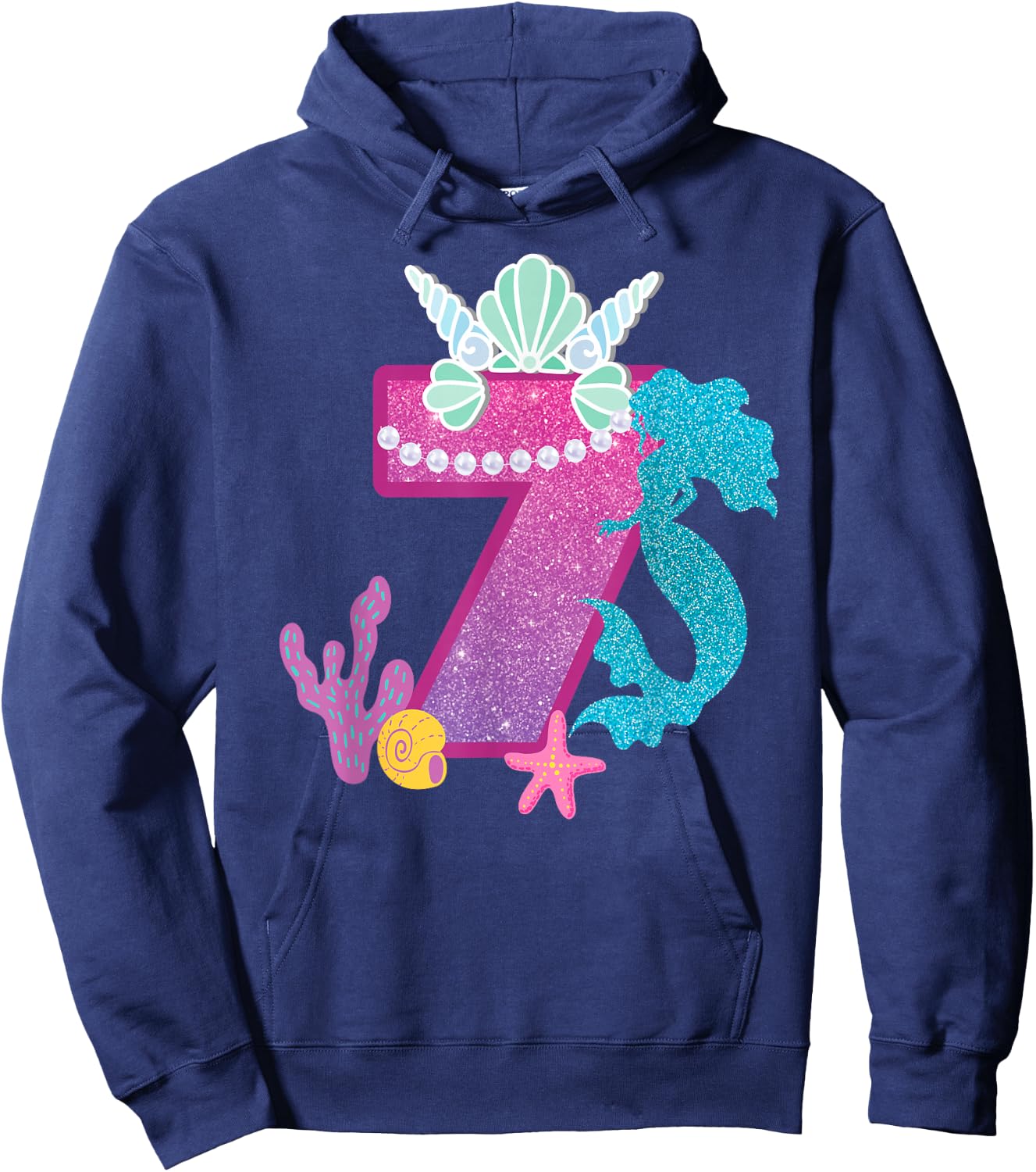 7th Birthday Shirt Under the Sea Party Mermaid Shells Shirt Hoodie - Hoodie | Navy