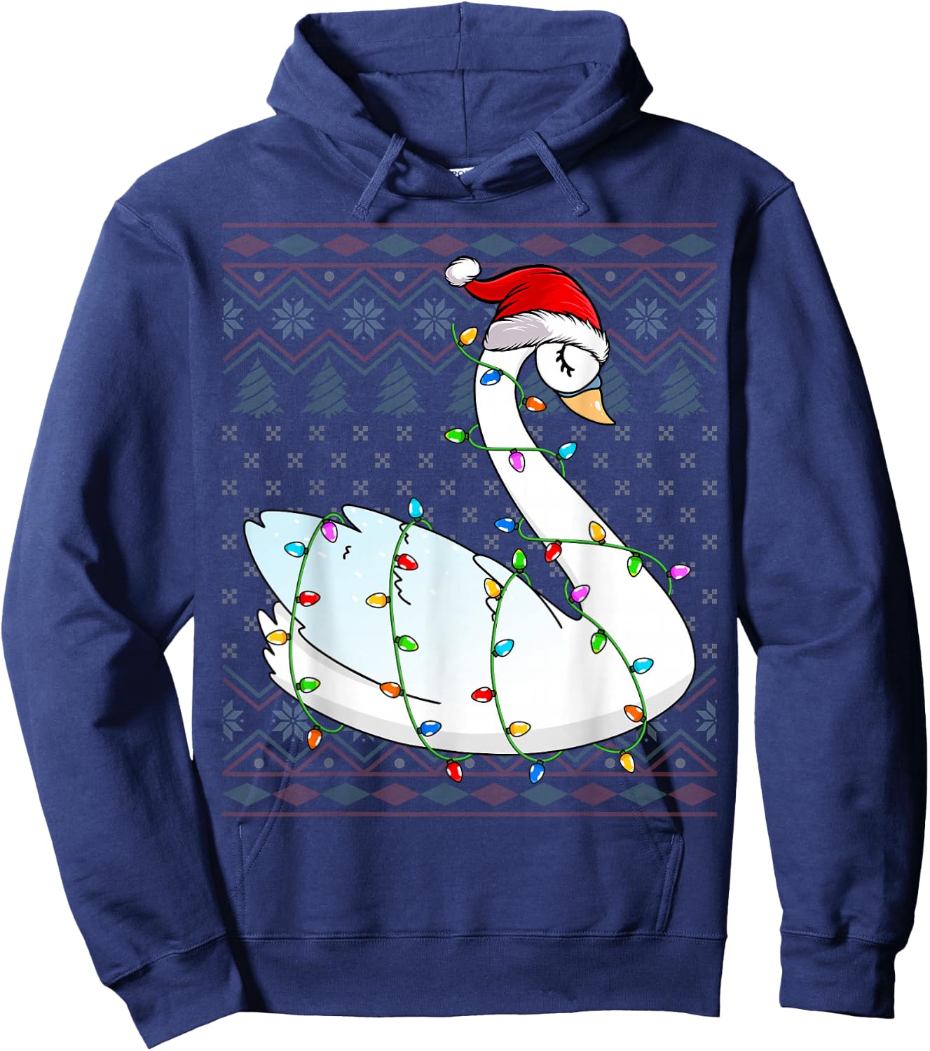 Swans Xmas Lighting Santa Hat Swans Lover Ugly Christmas Hoodie - Hoodie | Navy
