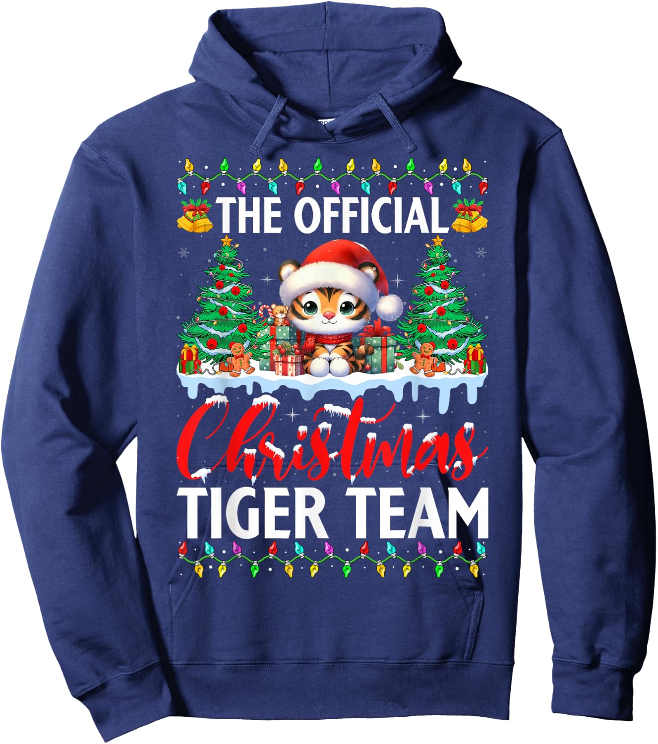 Cute Tiger Wearing Santa Hat Snow Xmas Christmas Tiger Team Hoodie - Hoodie | Navy