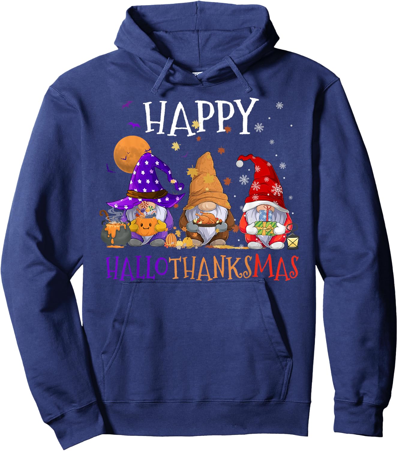 Gnomes Happy Hallothanksmas Halloween Thanksgiving Christmas Hoodie - Hoodie | Navy