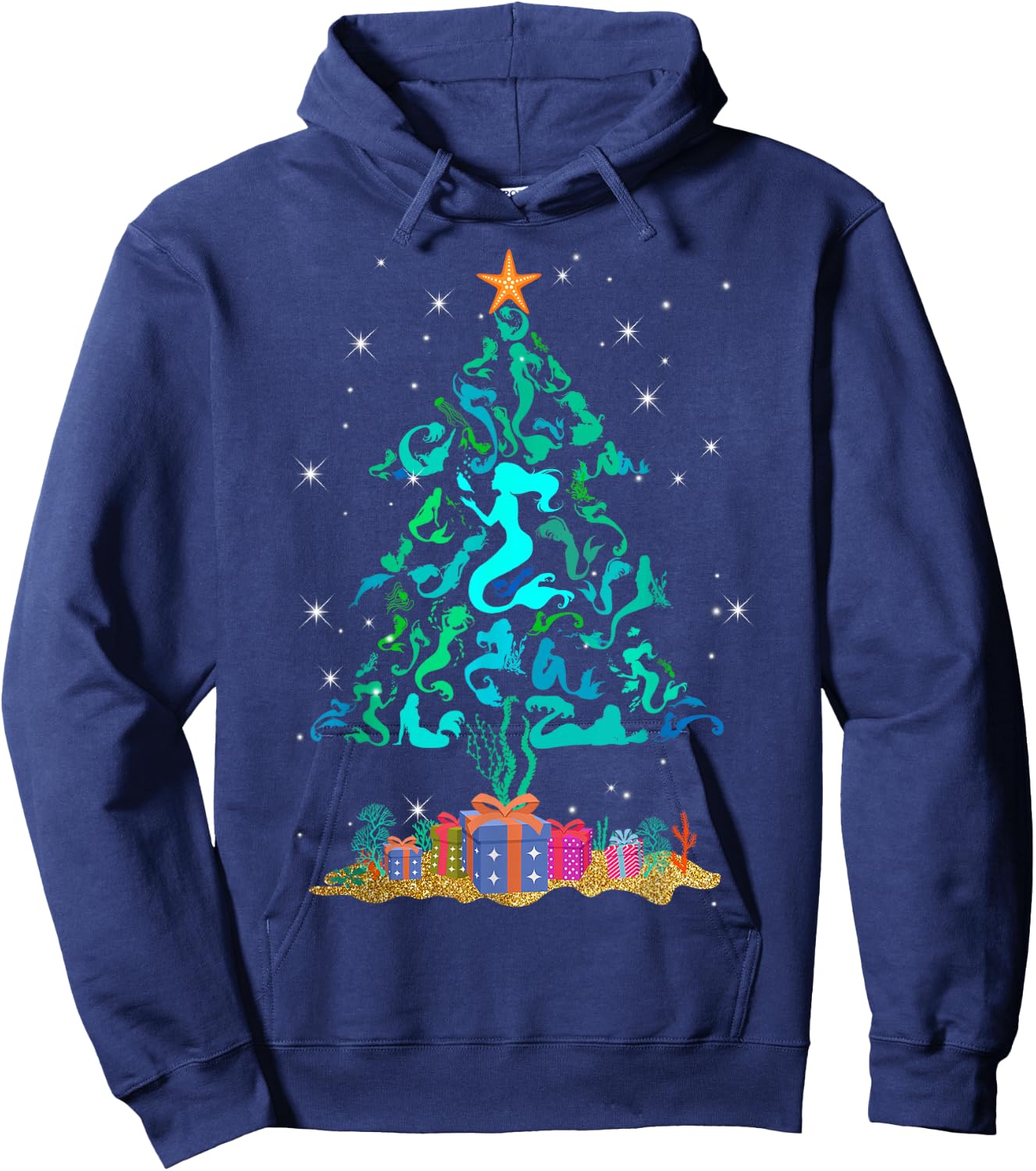 Retro Mermaid Christmas Tree Funny Mermaid Xmas Hoodie - Hoodie | Navy