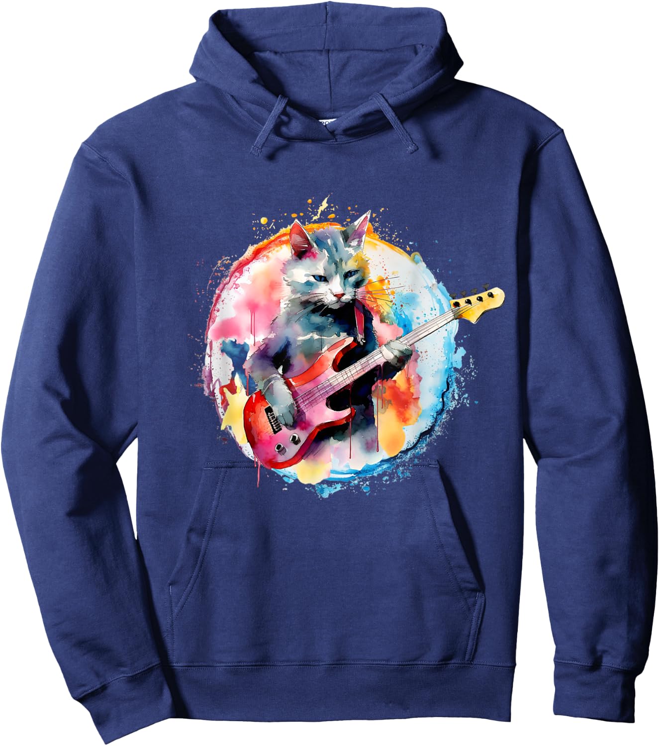 Cat Playing Bass Guitar Watercolor Graphic Design Women Girls Kids Hoodie - Hoodie | Navy