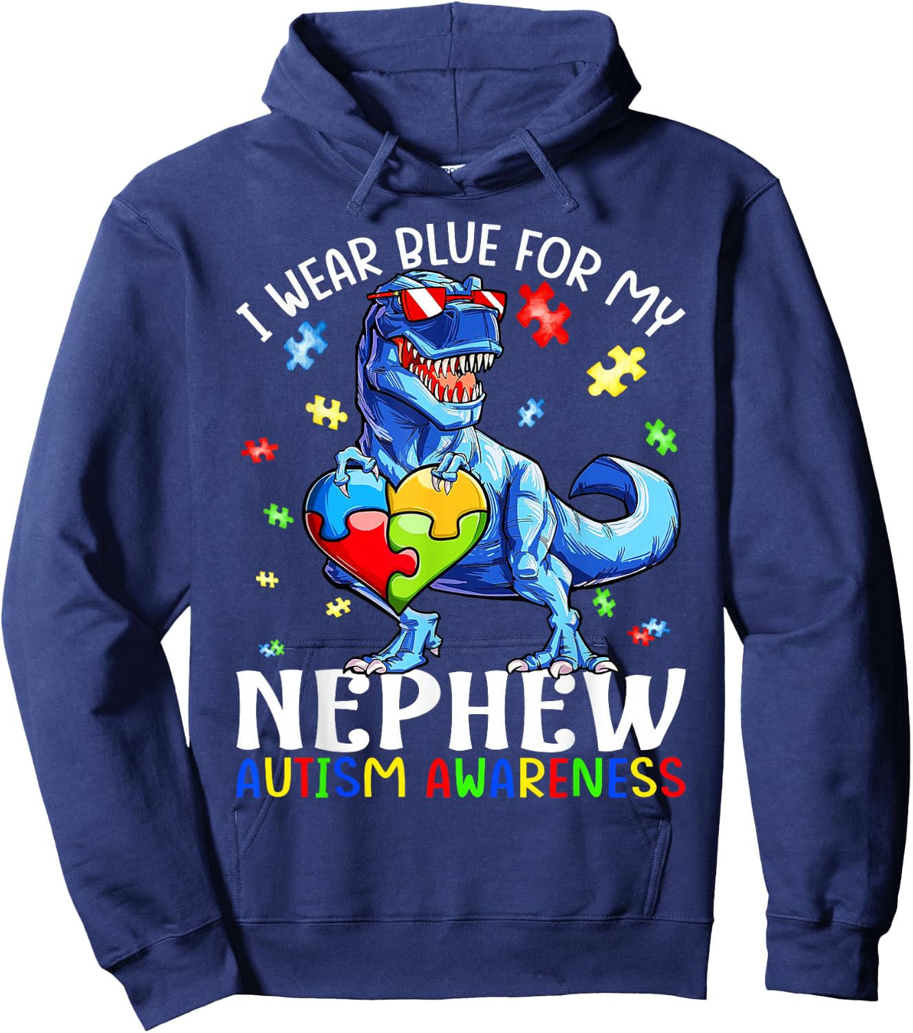 I Wear Blue For My Nephew Autism Awareness Dinosaur T Rex Hoodie - Hoodie | Navy