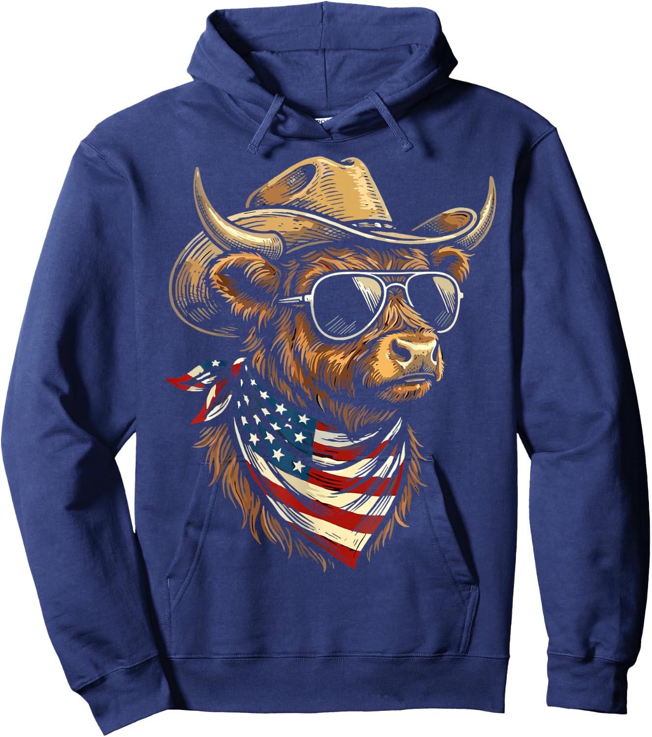 USA Patriotic Cowboy Highland Cow Western 4th of July Hoodie - Hoodie | Navy
