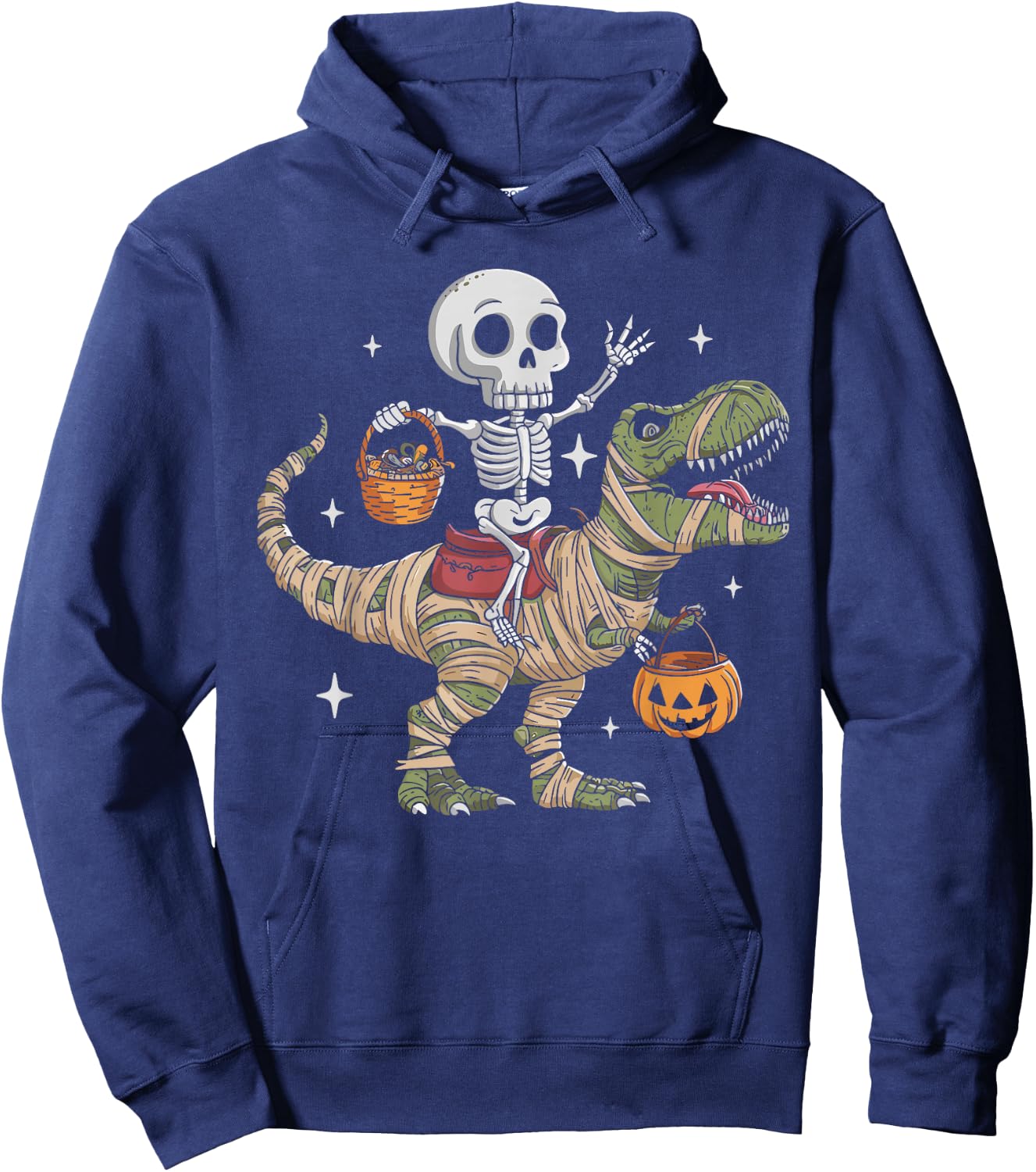 Skeleton Riding Mummy Dinosaur T Rex Pumpkin Happy Halloween Hoodie - Hoodie | Navy